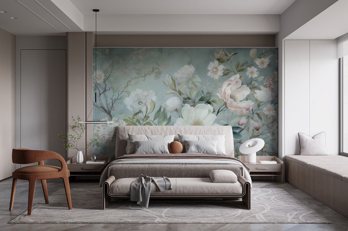 Blossom green floral wallpaper murals for a serene, calming room ambiance.