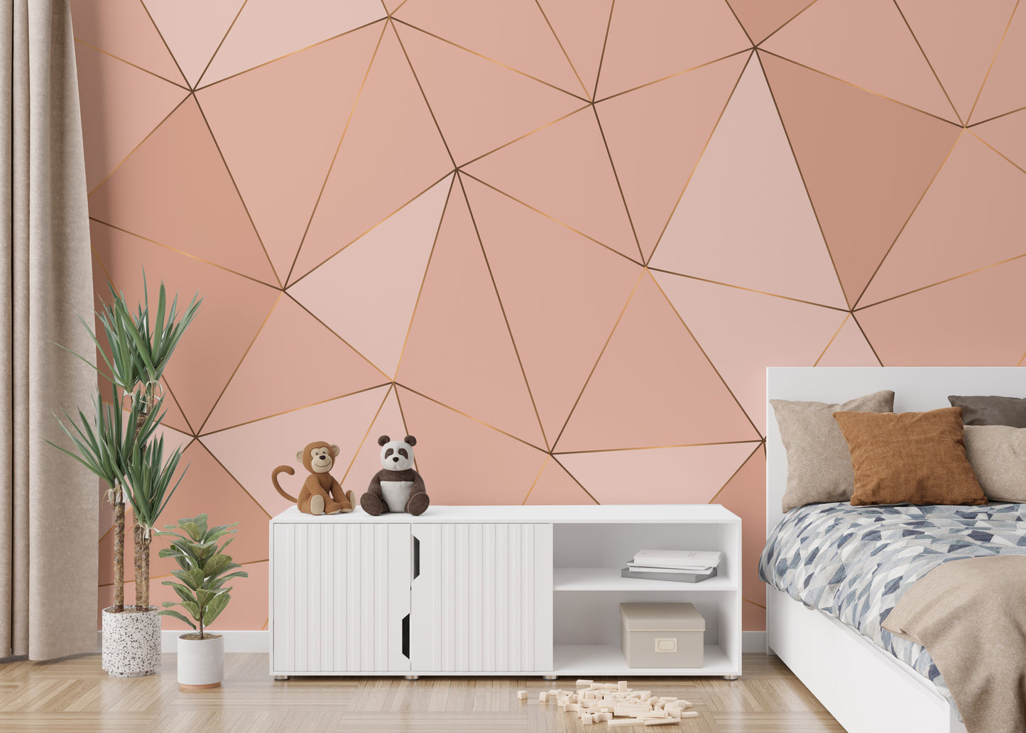 Peach-colored geometric wallpaper with a balanced mural art.
