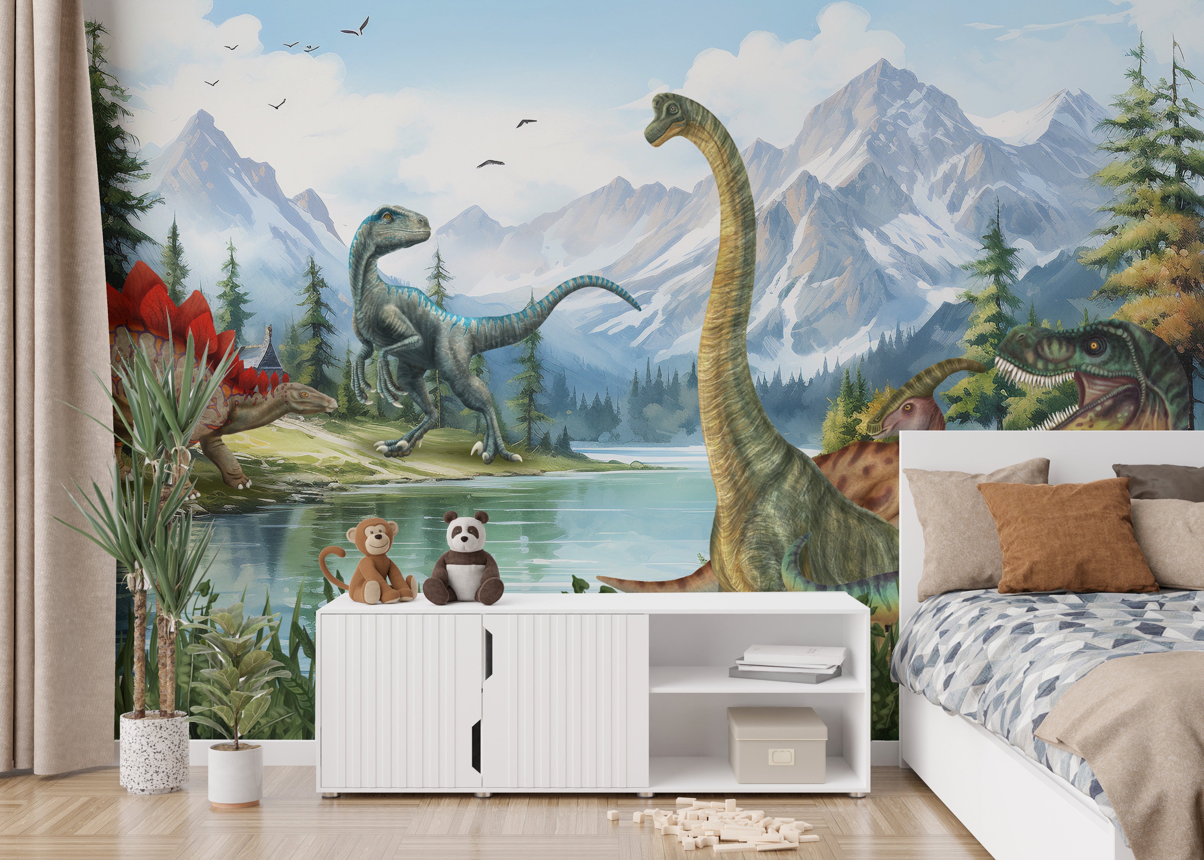 Prehistoric dinosaur wallpaper mural in a lush Jurassic Valley.
