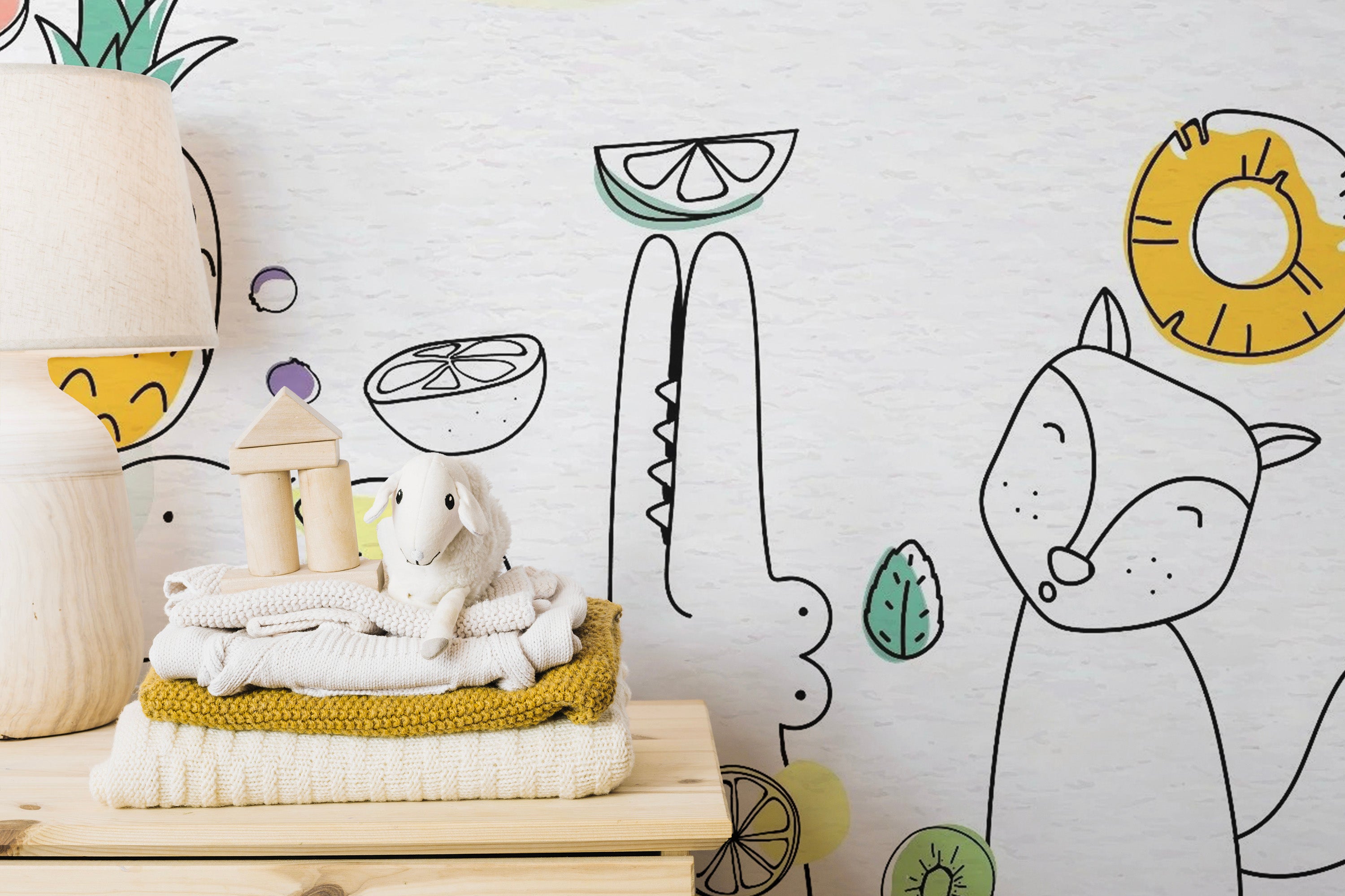 Bright kids' wallpaper with fruity animal friends
