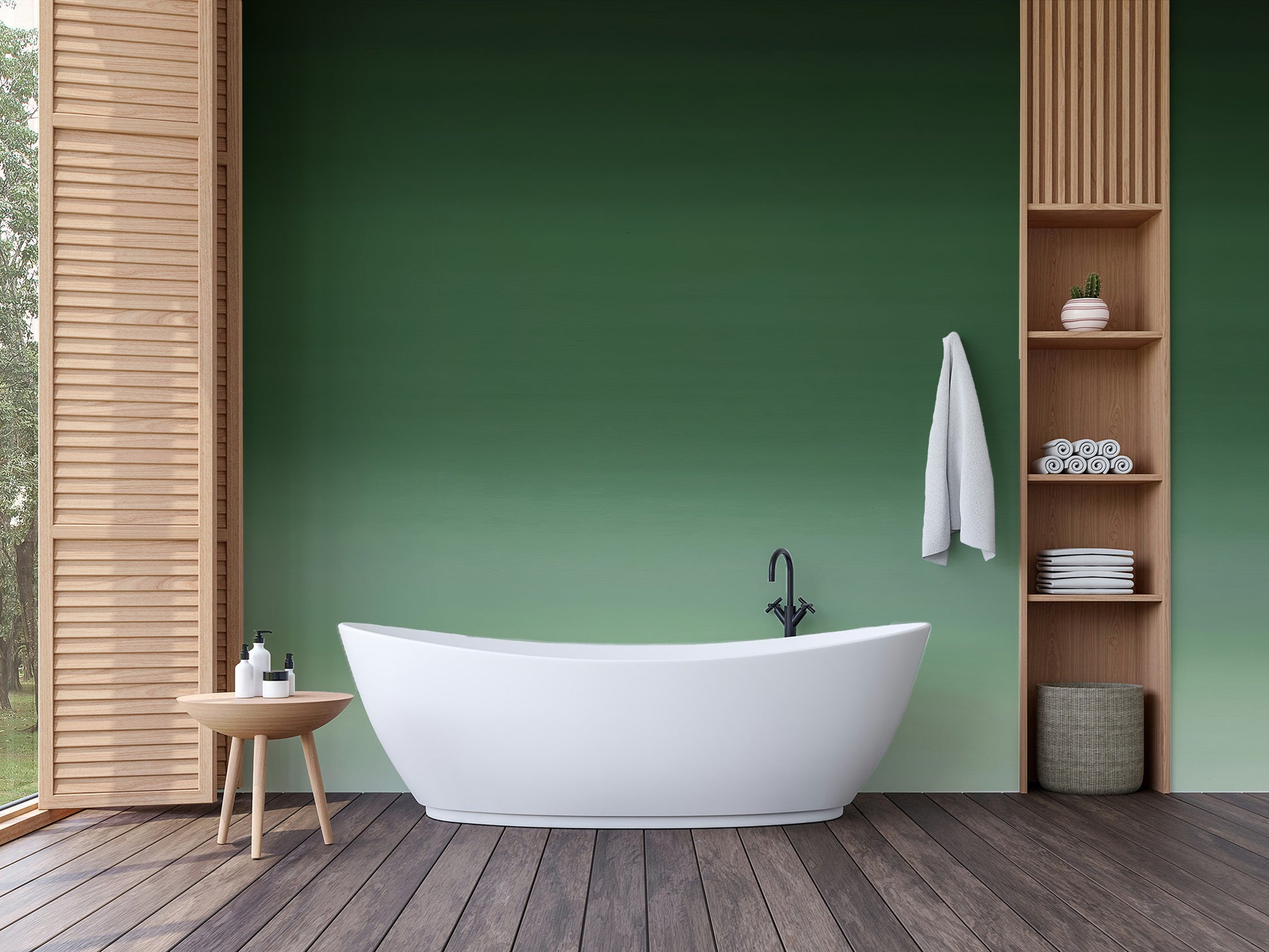 Elegant emerald gradient wallpaper for a spa-like bathroom vibe.