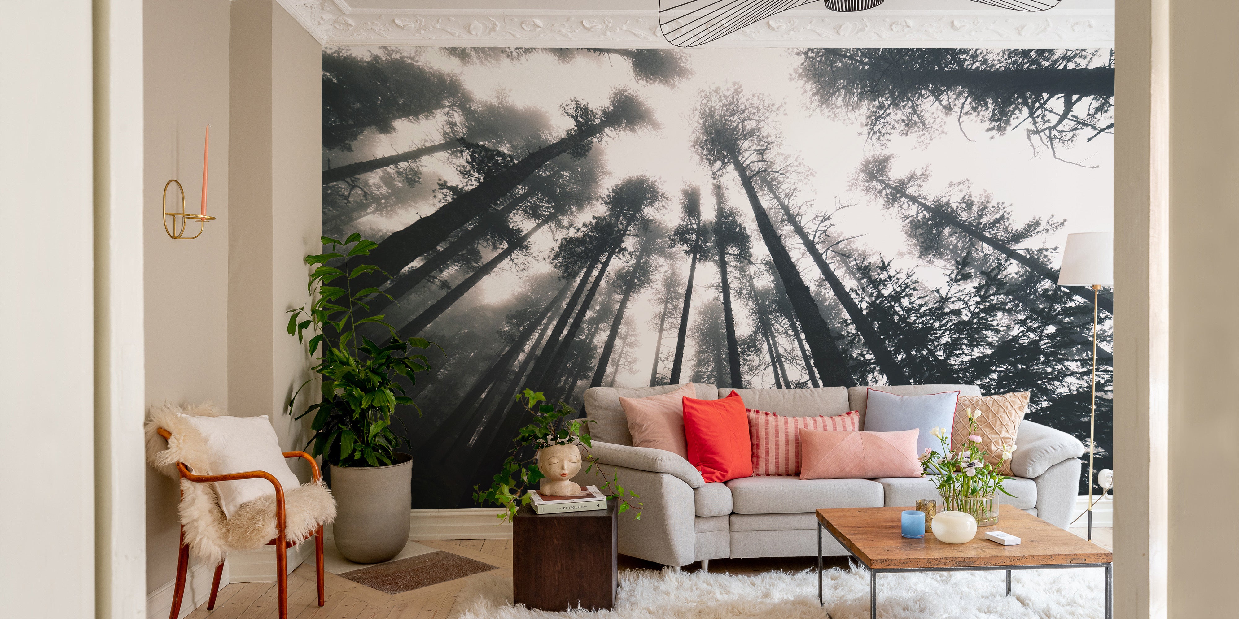 Smokey treetop forest mural for a haunting Halloween vibe.
