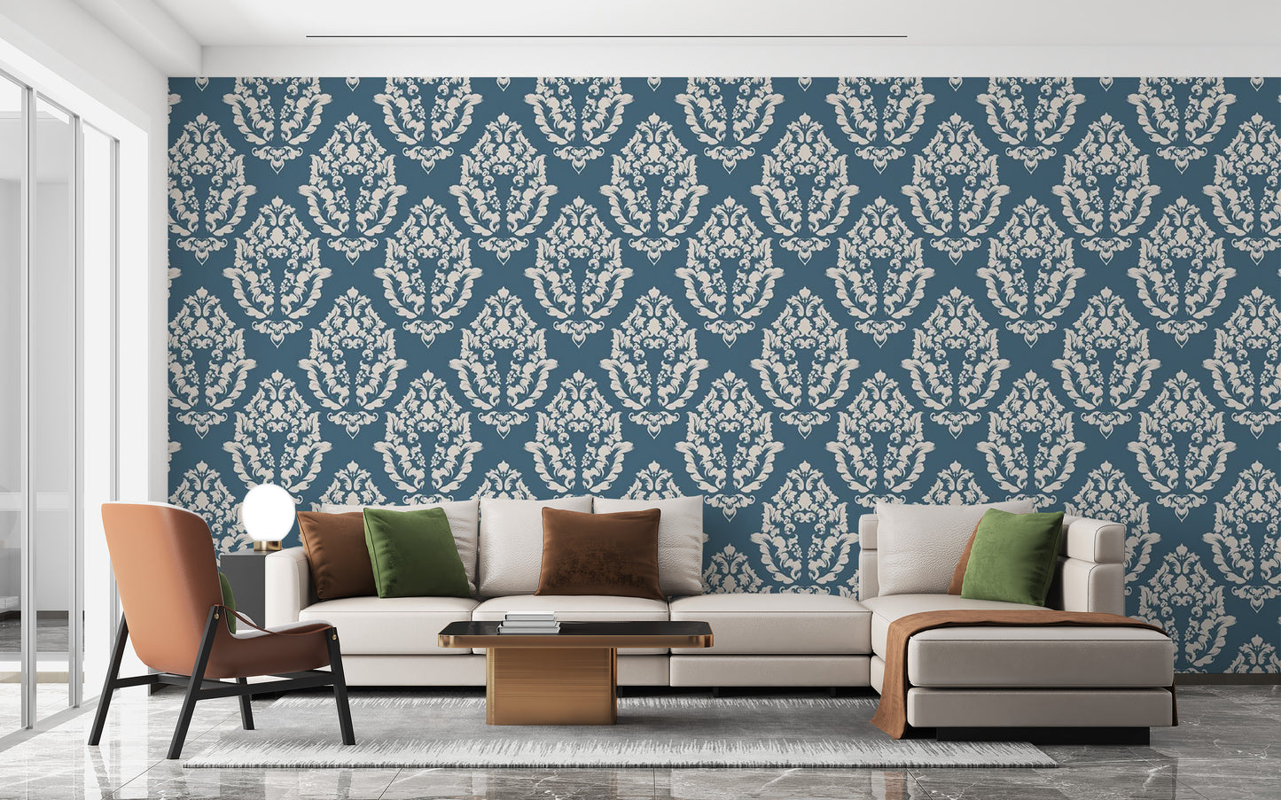 Decorative blue damask pattern mural option
