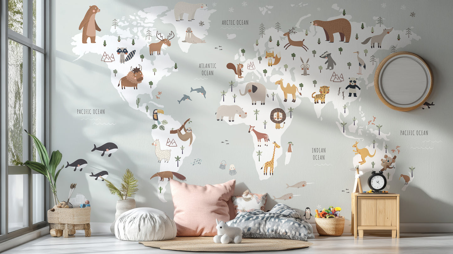 Animal-themed map mural for children's decor
