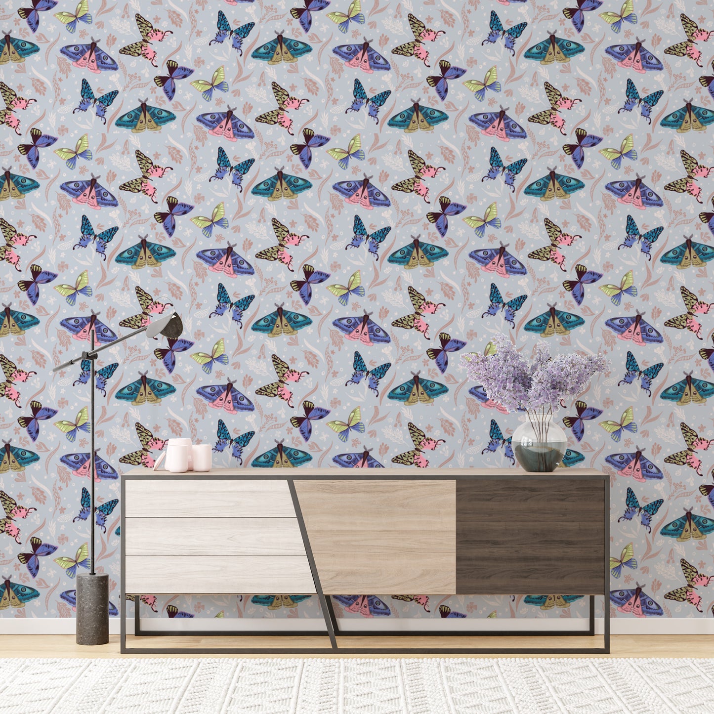 Modern butterfly mural with artistic, colorful pattern designs.
