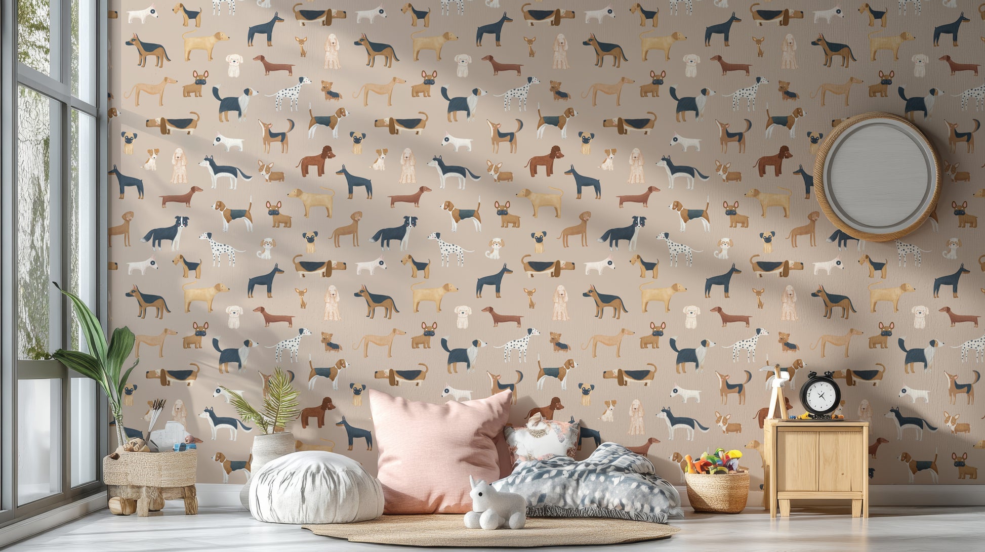 Playful dog design wallpaper for nursery decor
