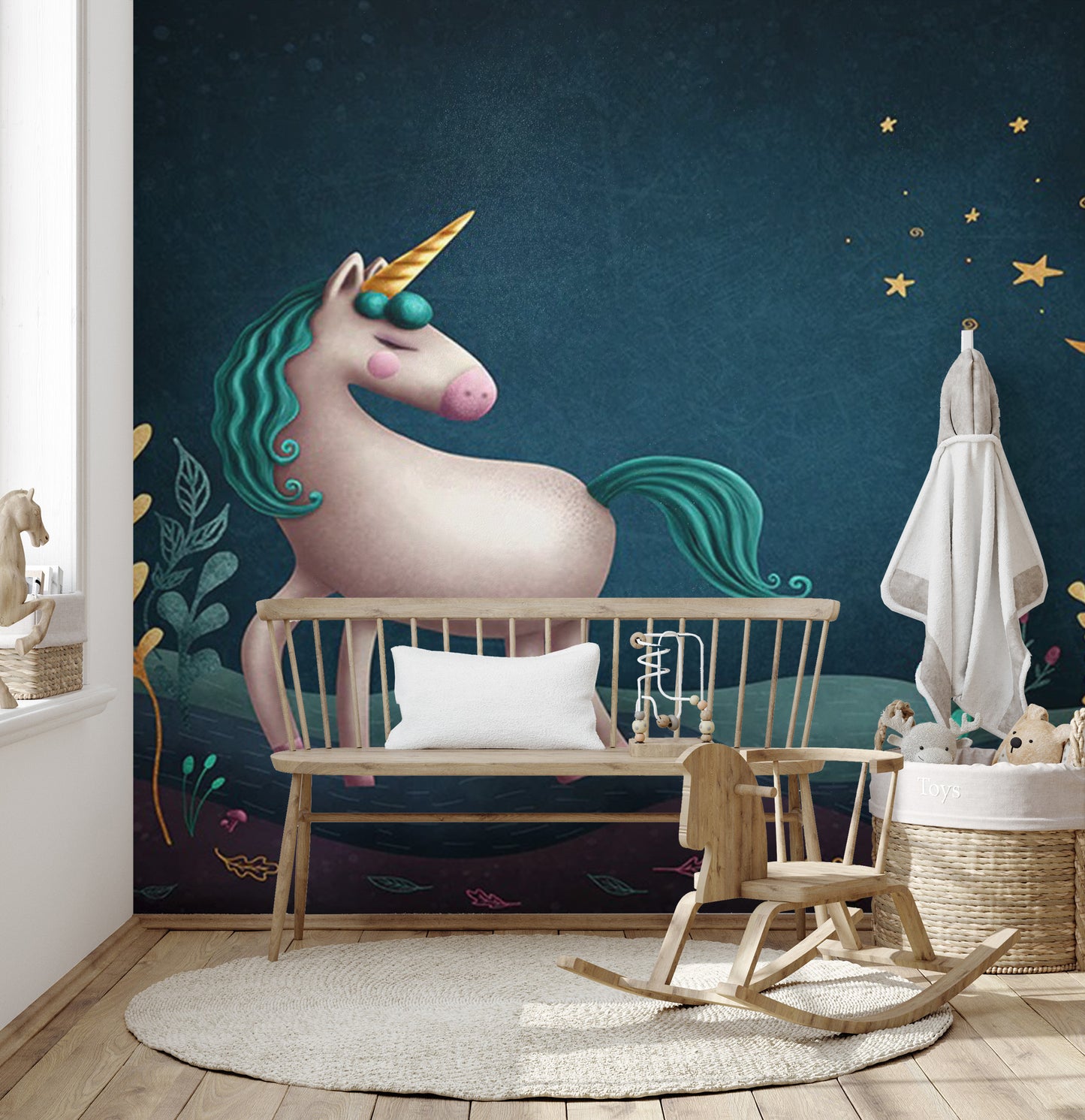 Blue & Green Night Unicorn Kids Nursery Wallpaper Mural