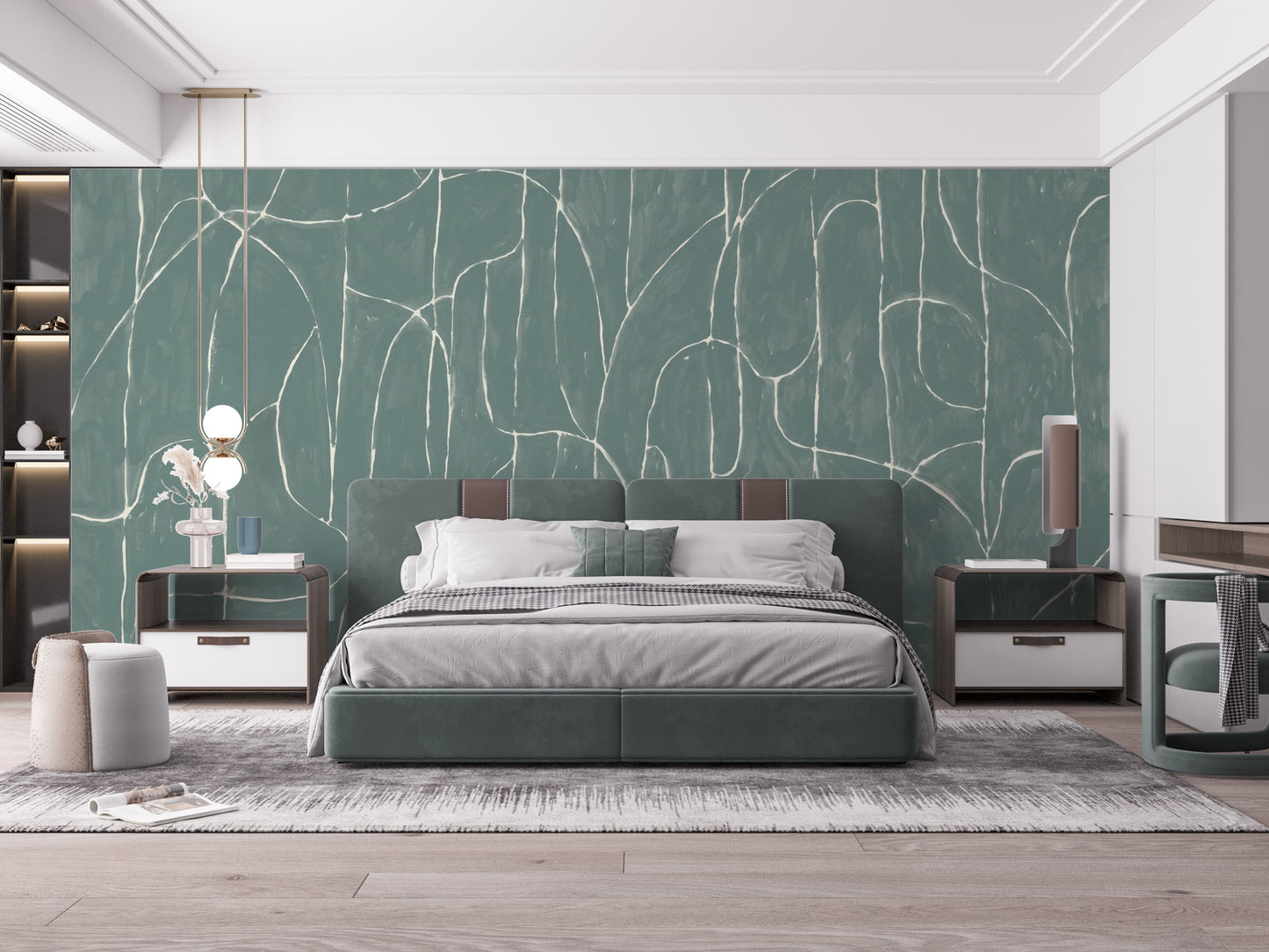 Scenic boulder beach wallpaper in jade blue tones