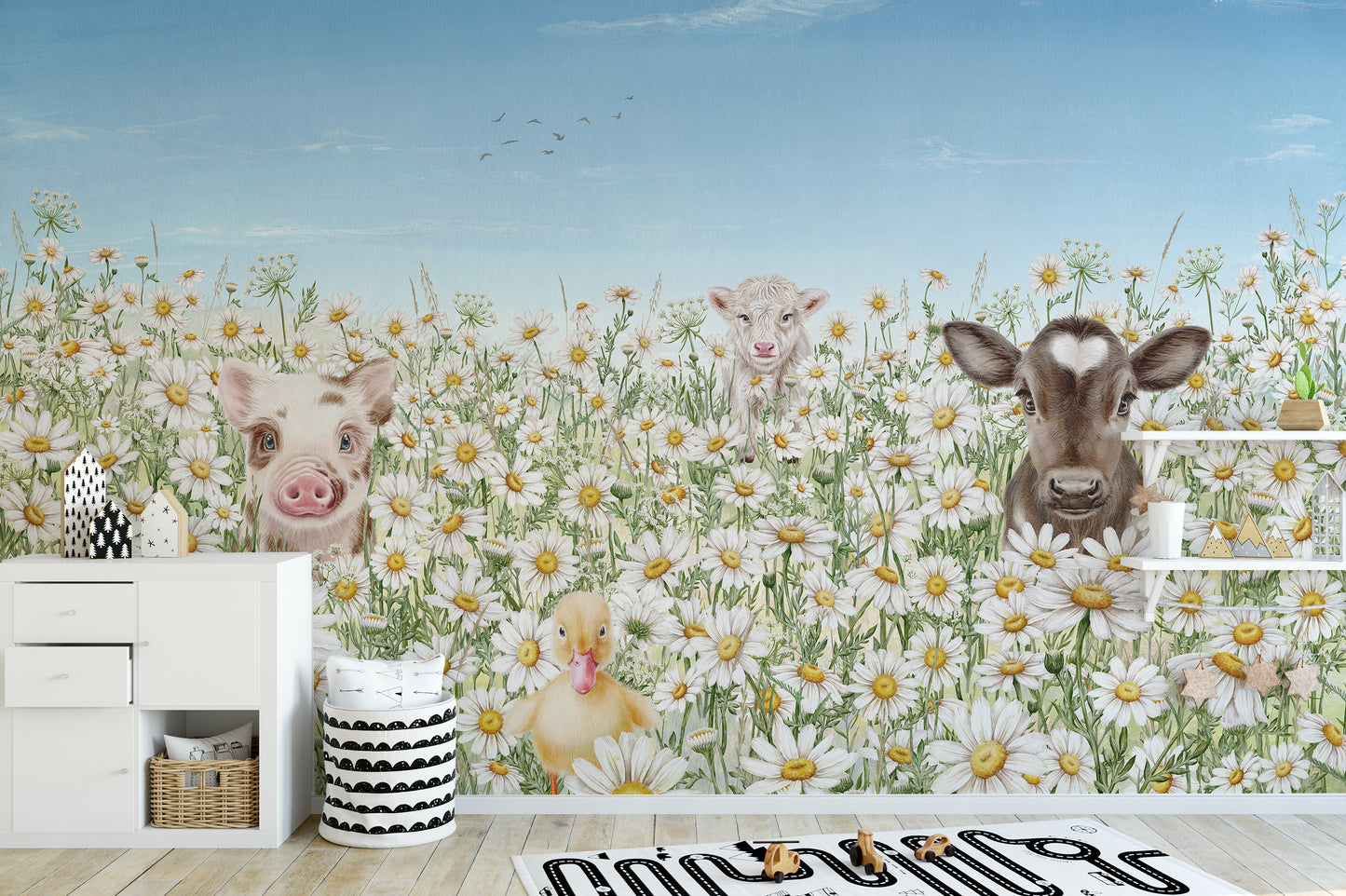 Colorful farm animal wallpaper mural for children's spaces.
