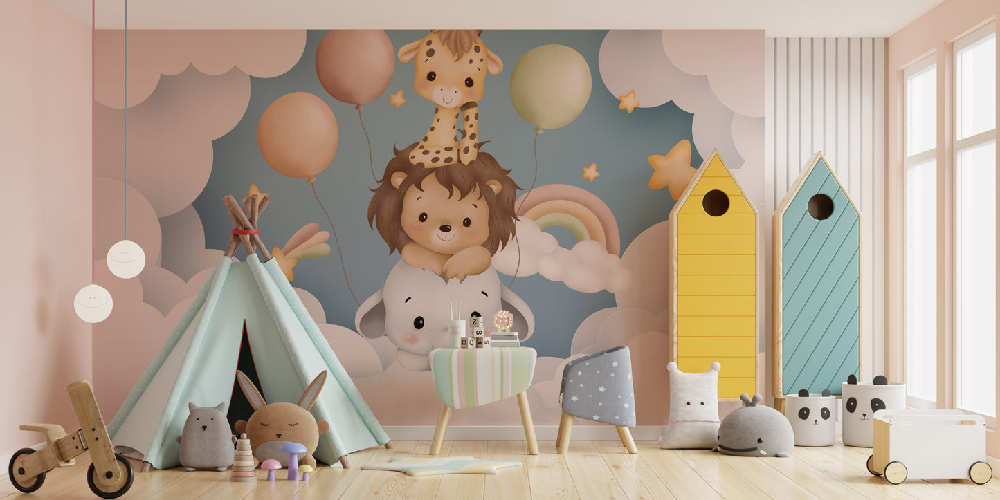 Whimsical baby animal balloon fiesta mural for playful spaces