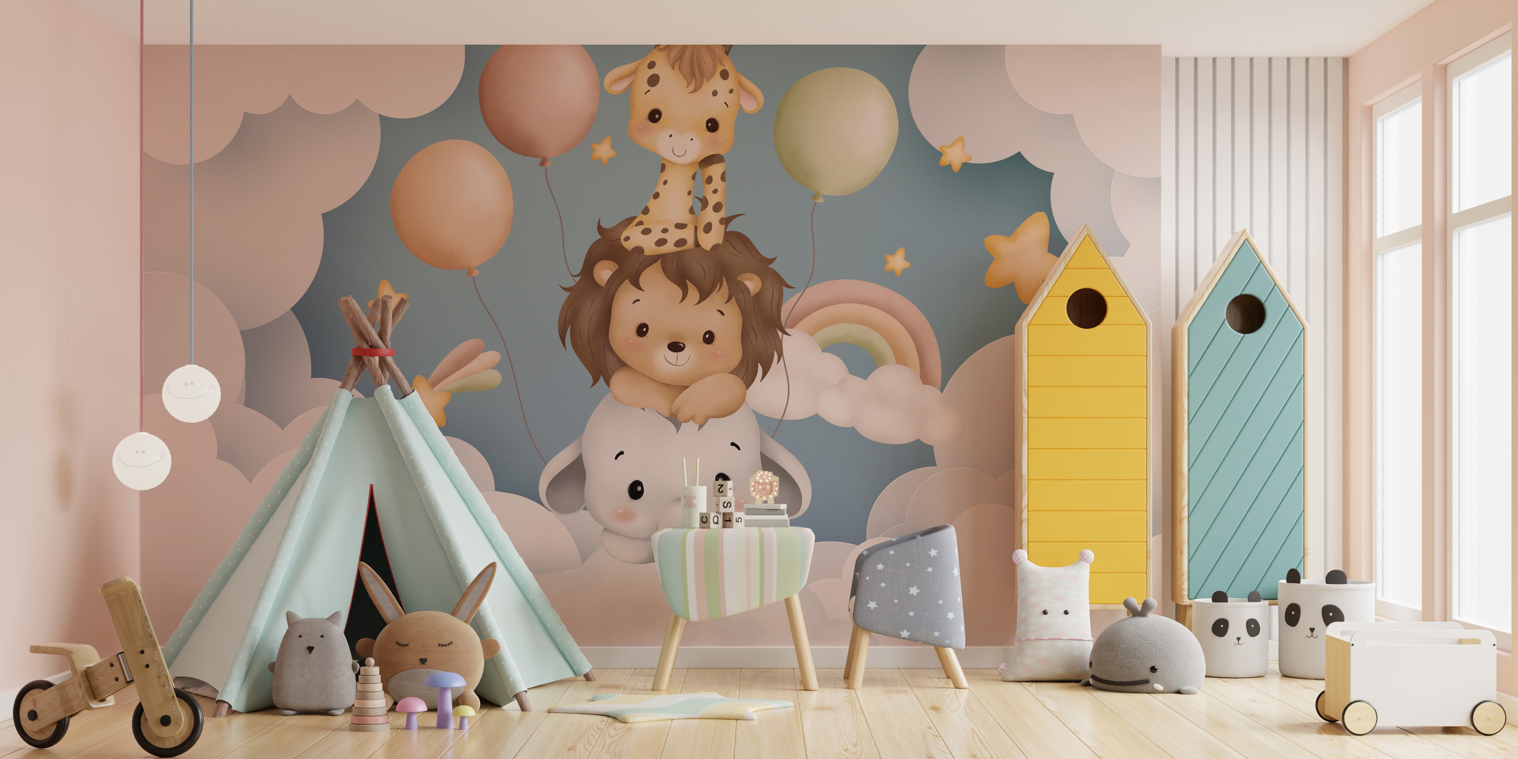 Whimsical baby animal balloon fiesta mural for playful spaces