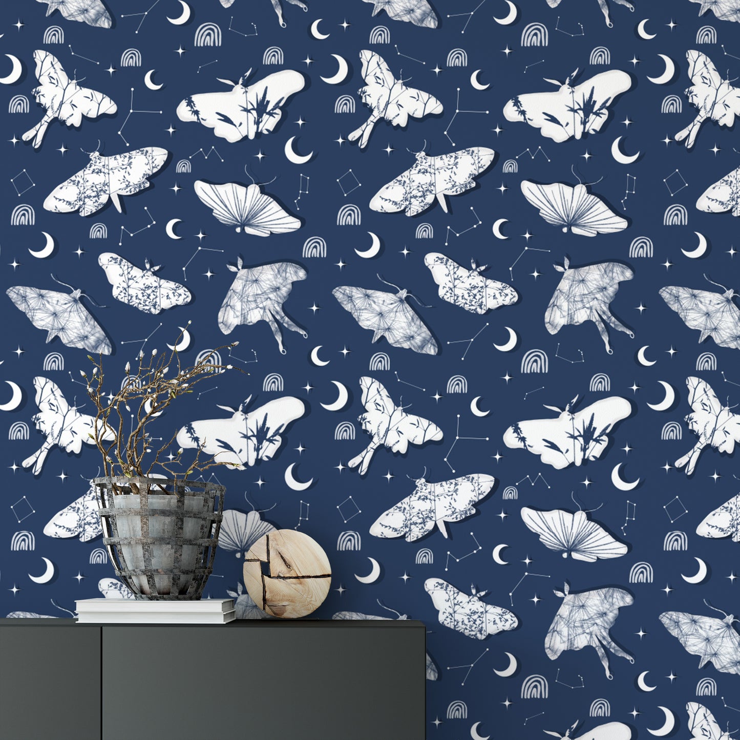 Charming wallpaper of moths and floral patterns
