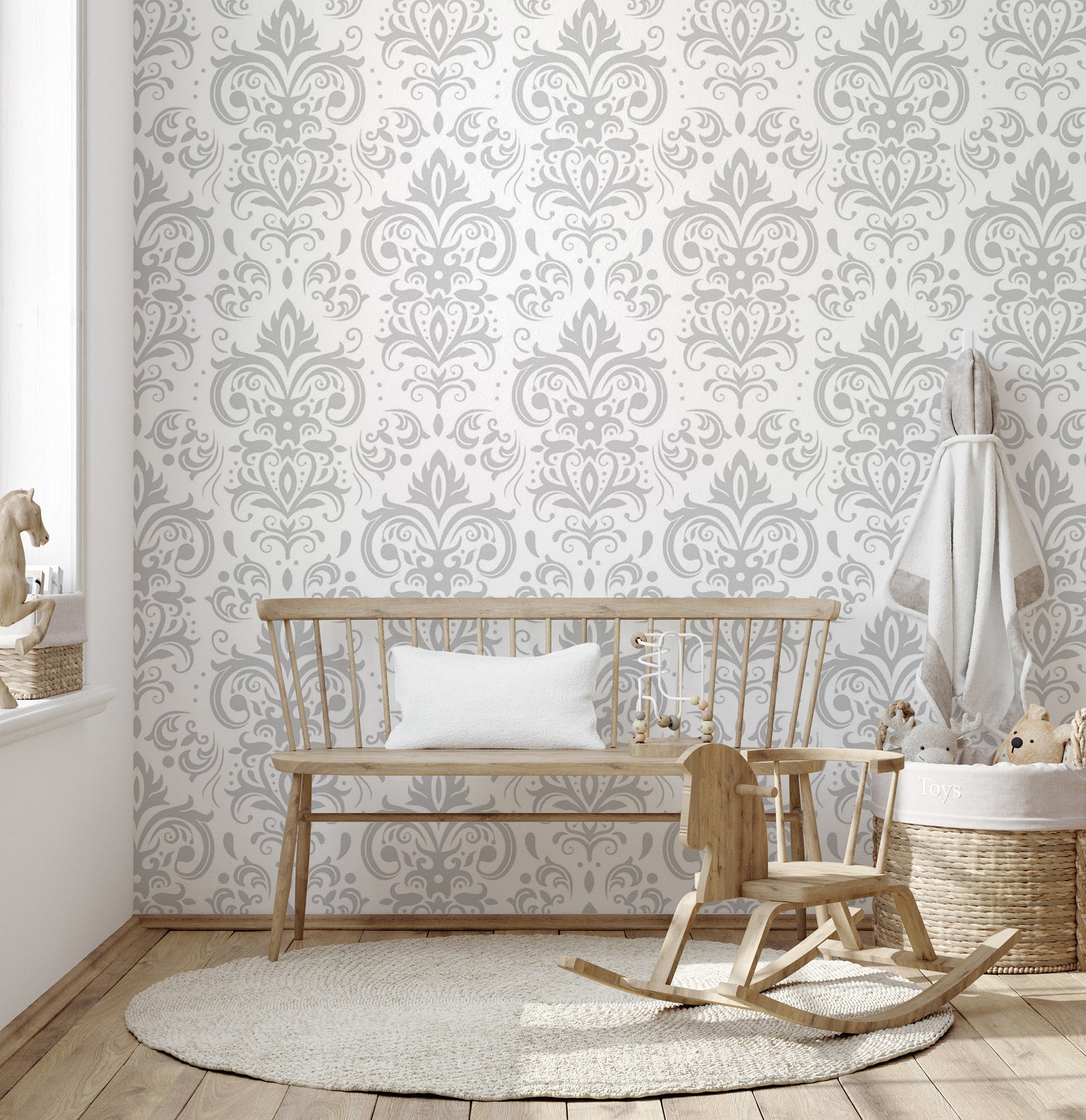 Stylish Silver Damask Pattern Wallpaper Mural