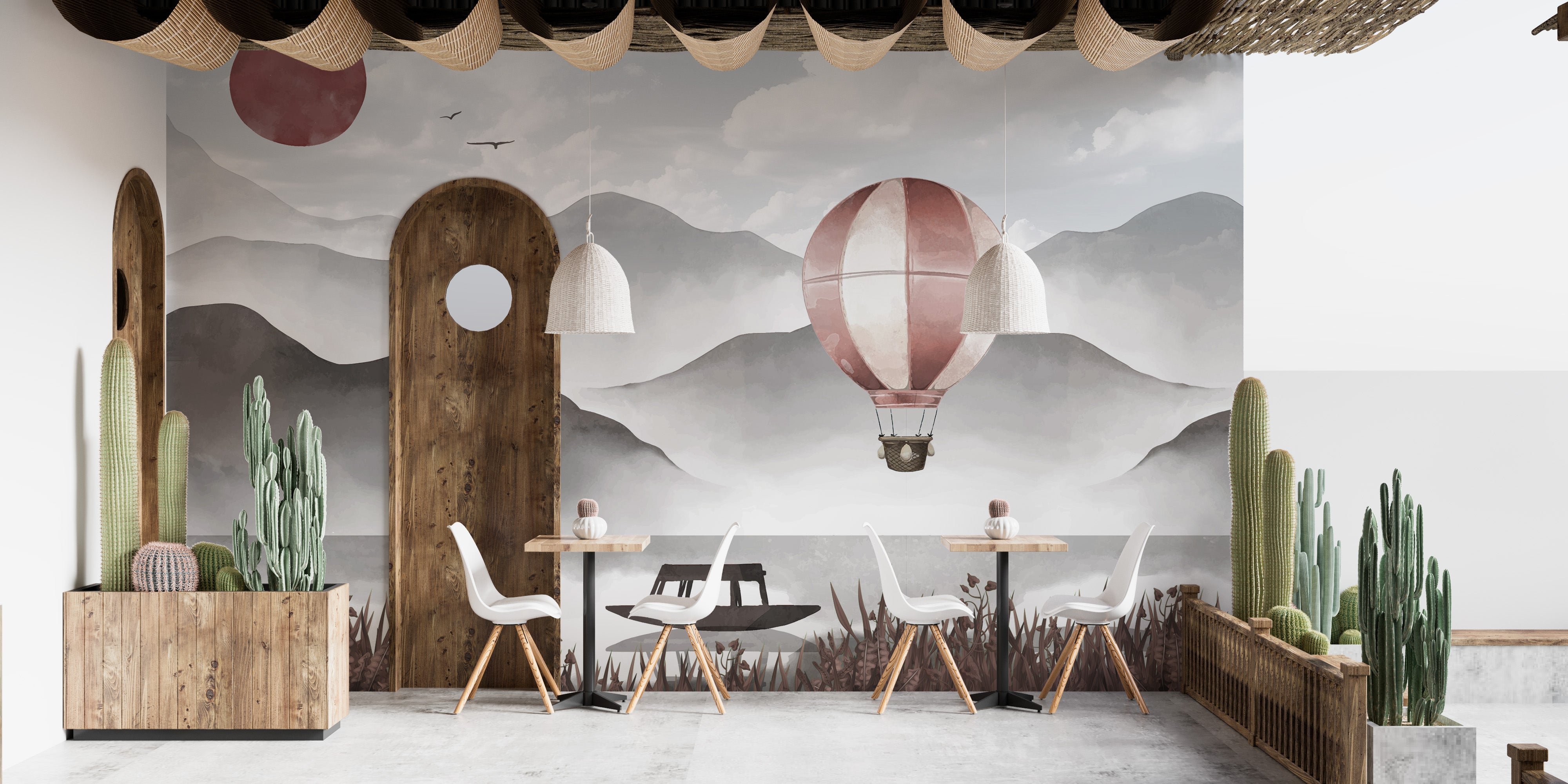 Hot air balloon soaring over misty peaks wallpaper mural