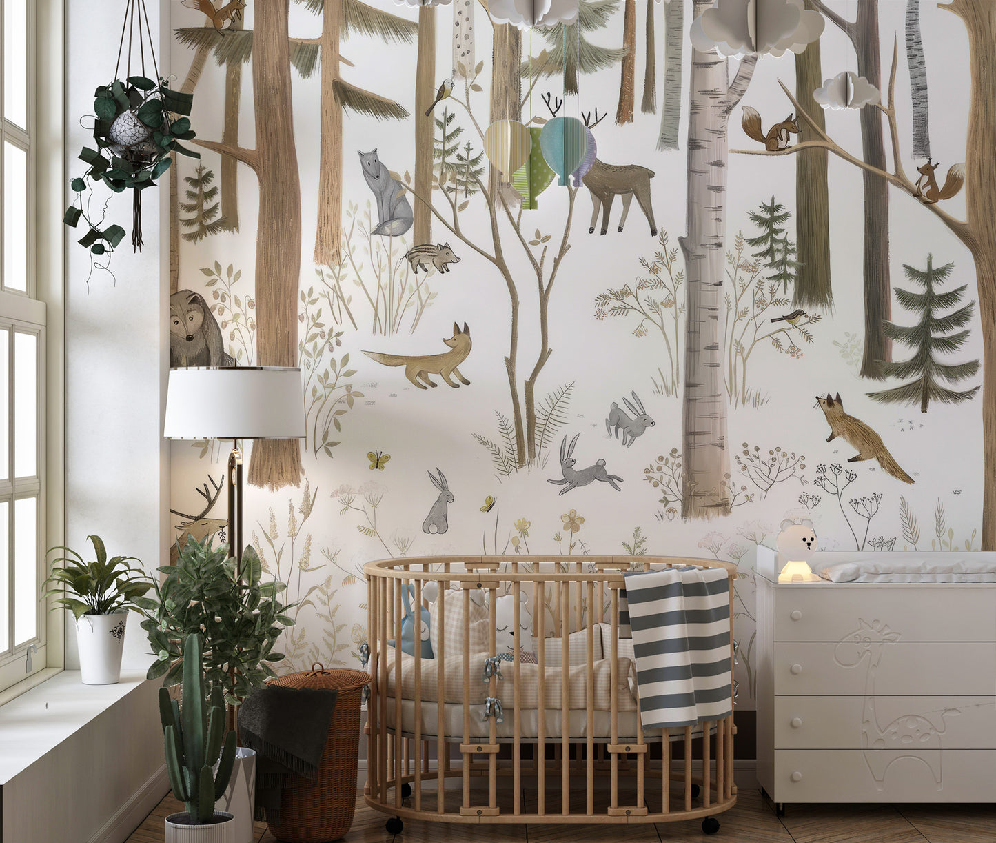 Cozy pines and animals nursery mural