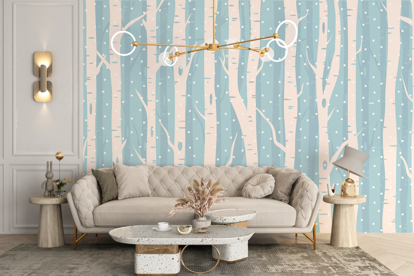 Peaceful winter wallpaper with birch trees