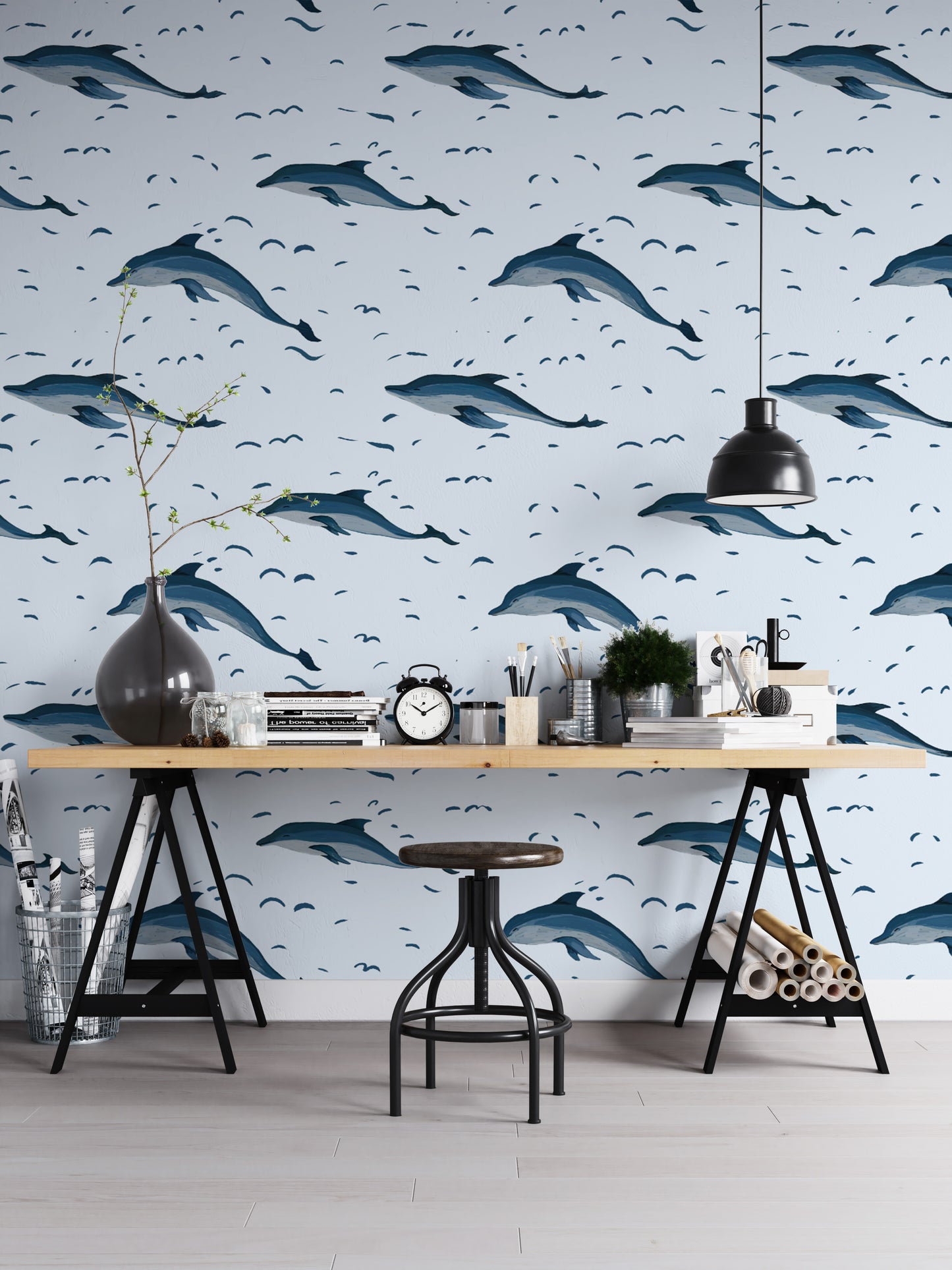 Artistic dolphins in the sea wallpaper for unique, coastal vibes.
