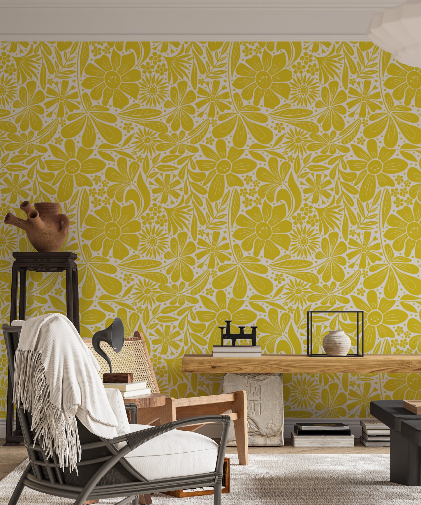 Minimalist happy blooms wallpaper with soft yellow tones.
