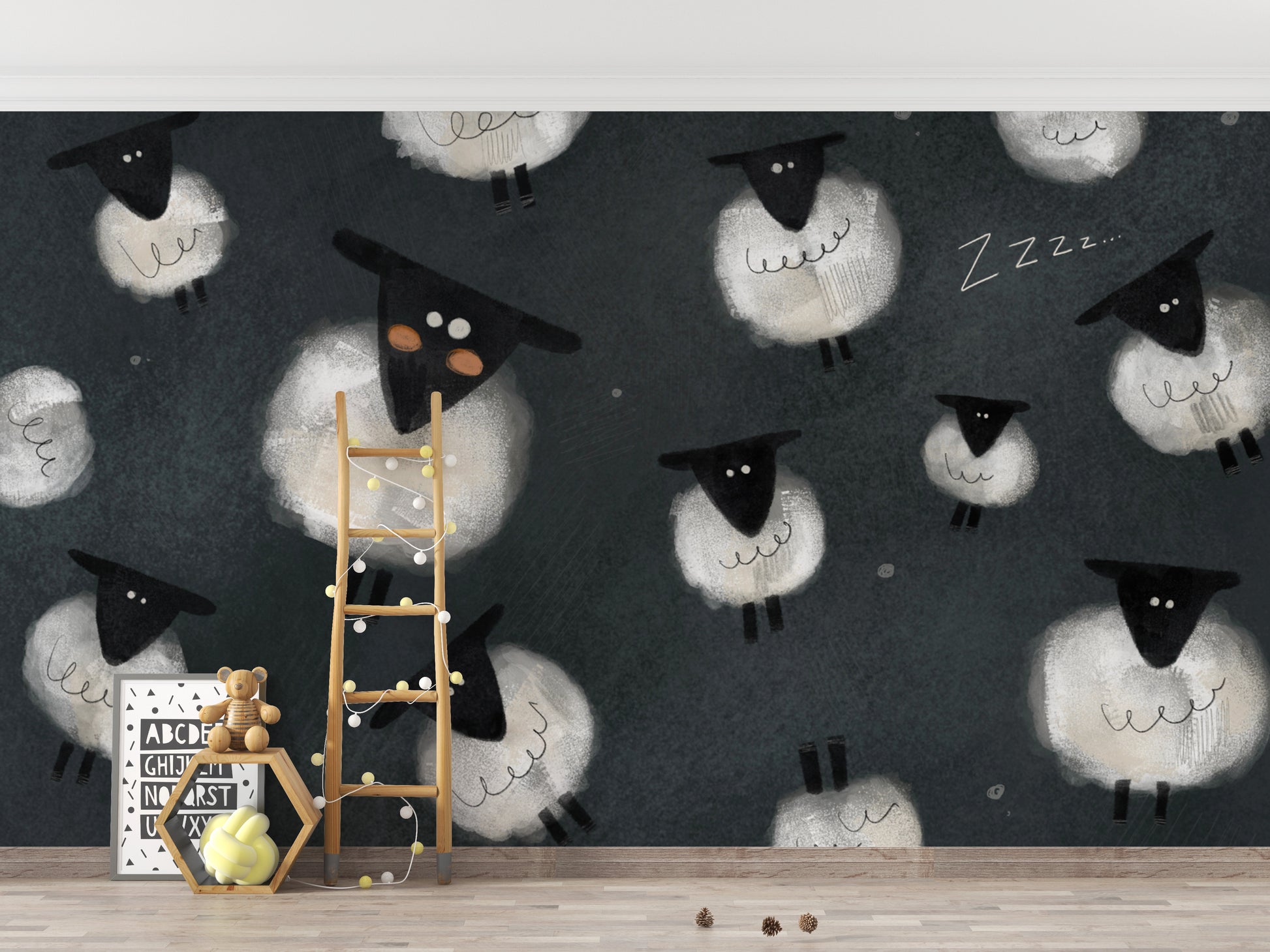 Counting sheep wallpaper with a playful nighttime vibe
