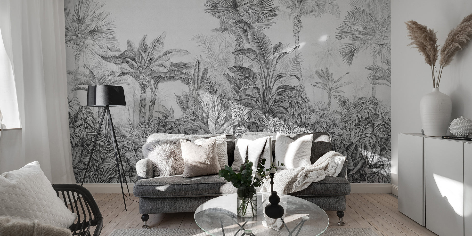 Botanical wallpaper with leopards in grey tones
