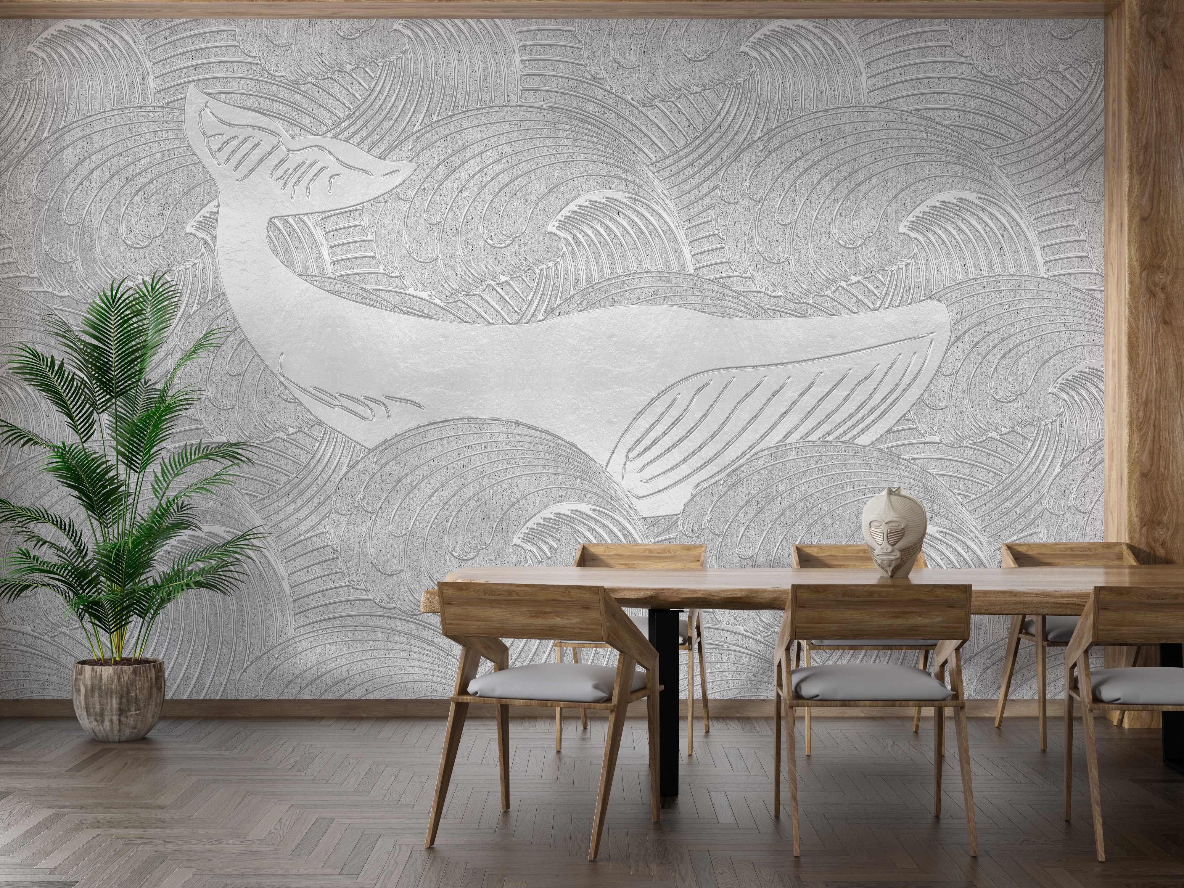 Kids' room wallpaper with a charming silver whale theme.