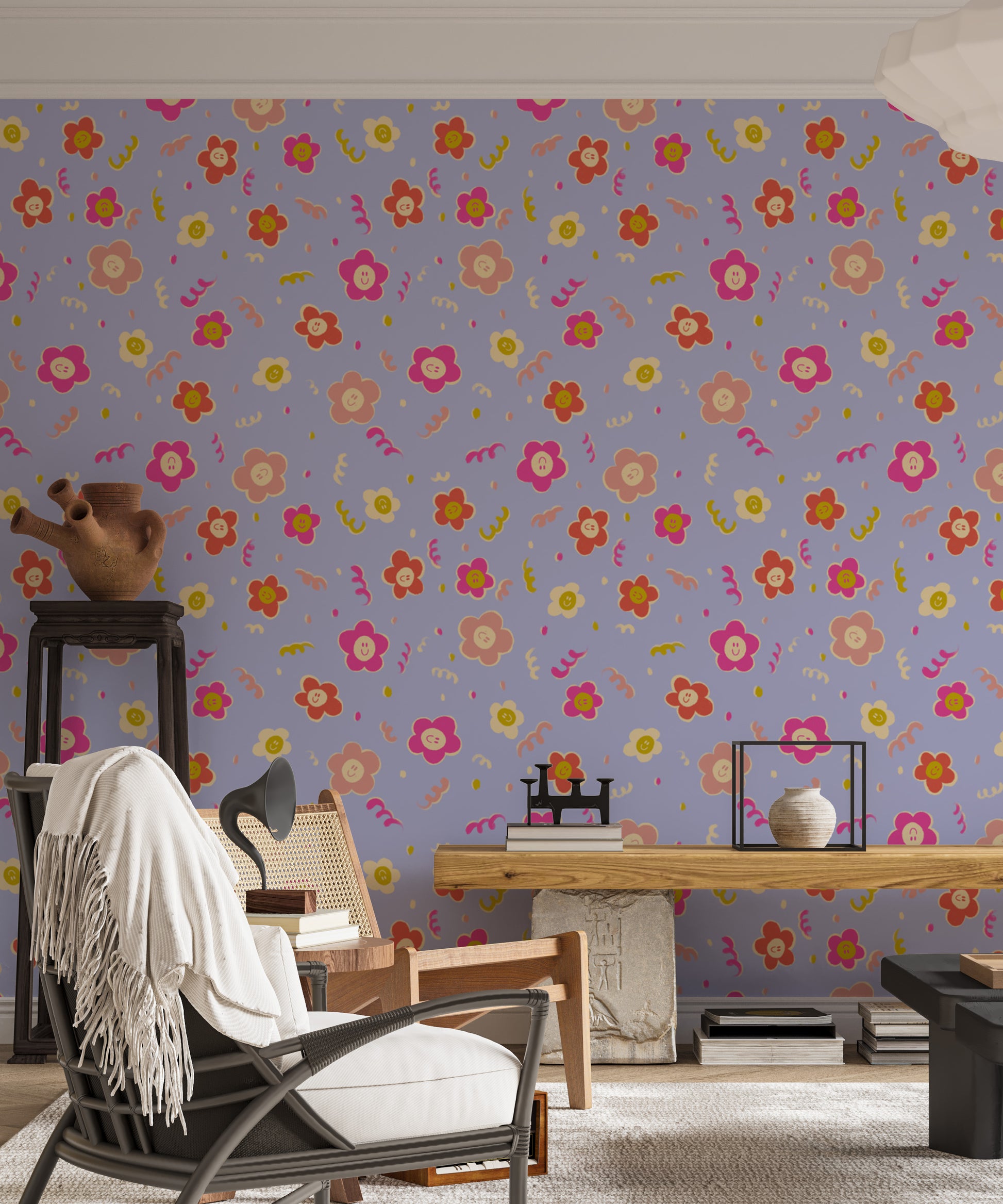 Whimsical wallpaper featuring charming smiley bloom patterns.
