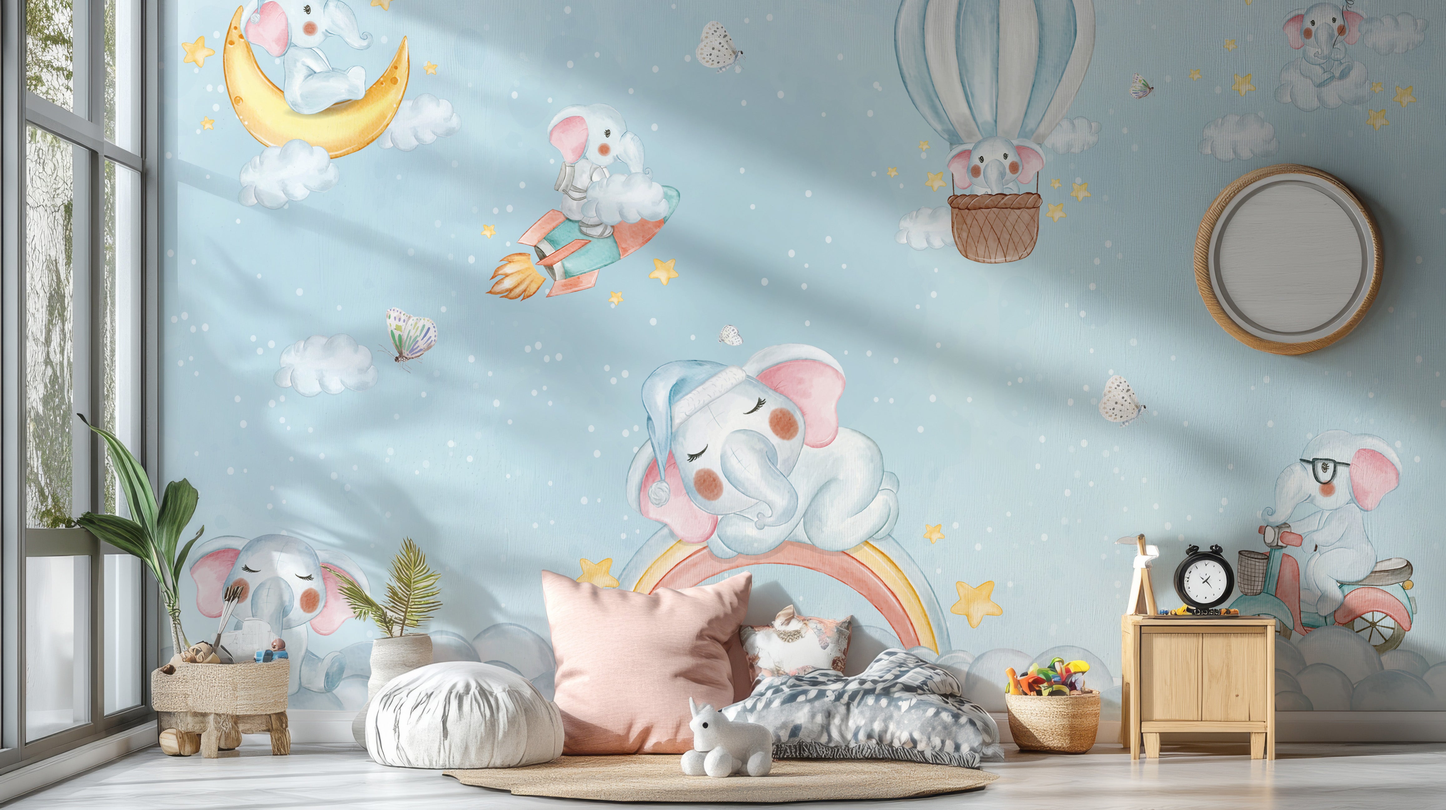 Light and airy Elephant Cloud Carnival Wall Mural decor