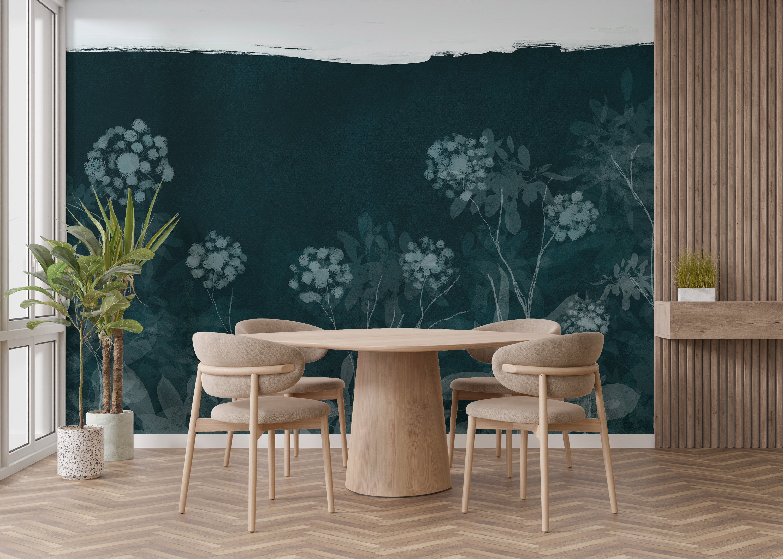 Dark botanical mural with watercolor design