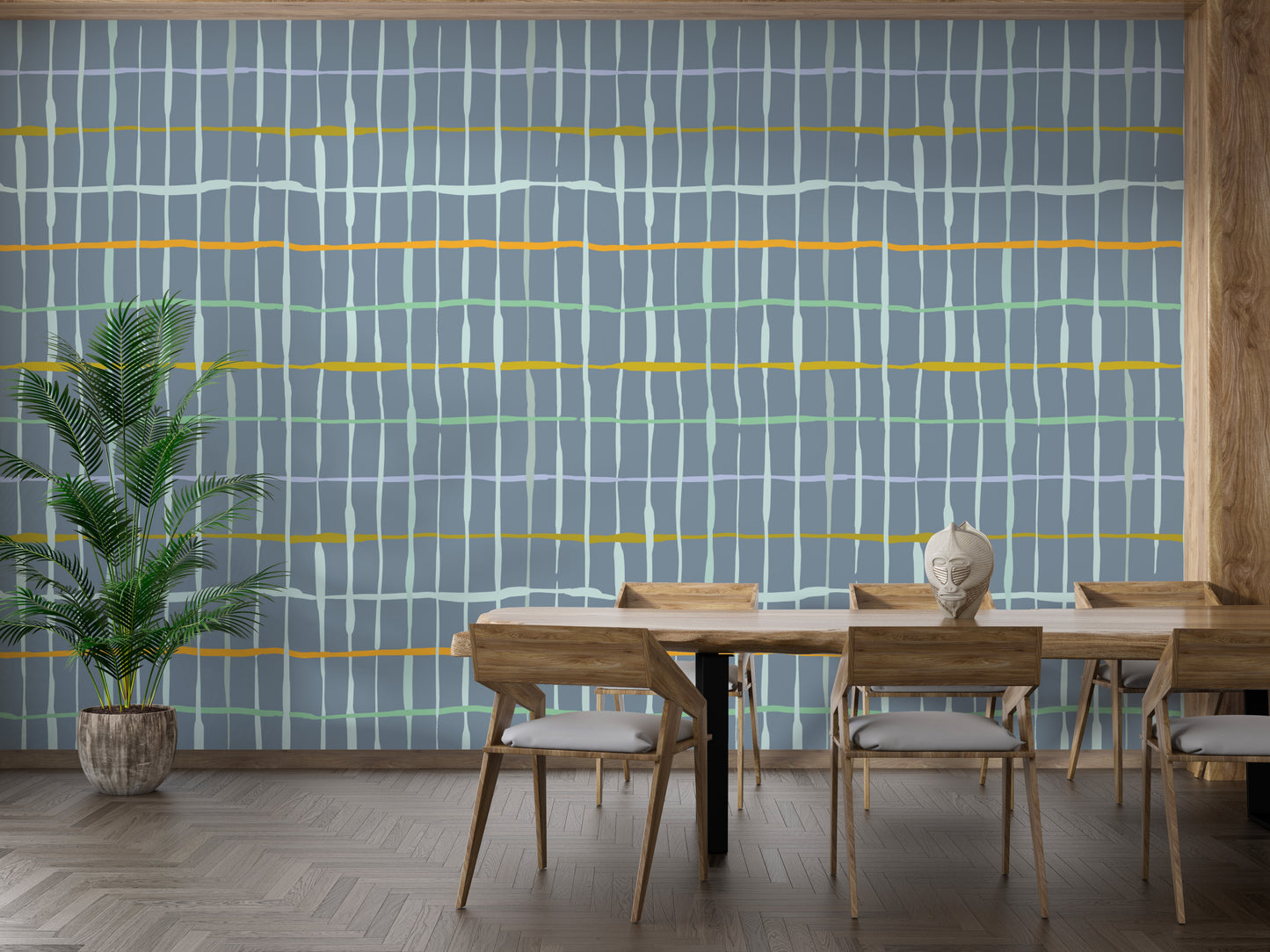 Slate blue mural with elegant handdrawn line details
