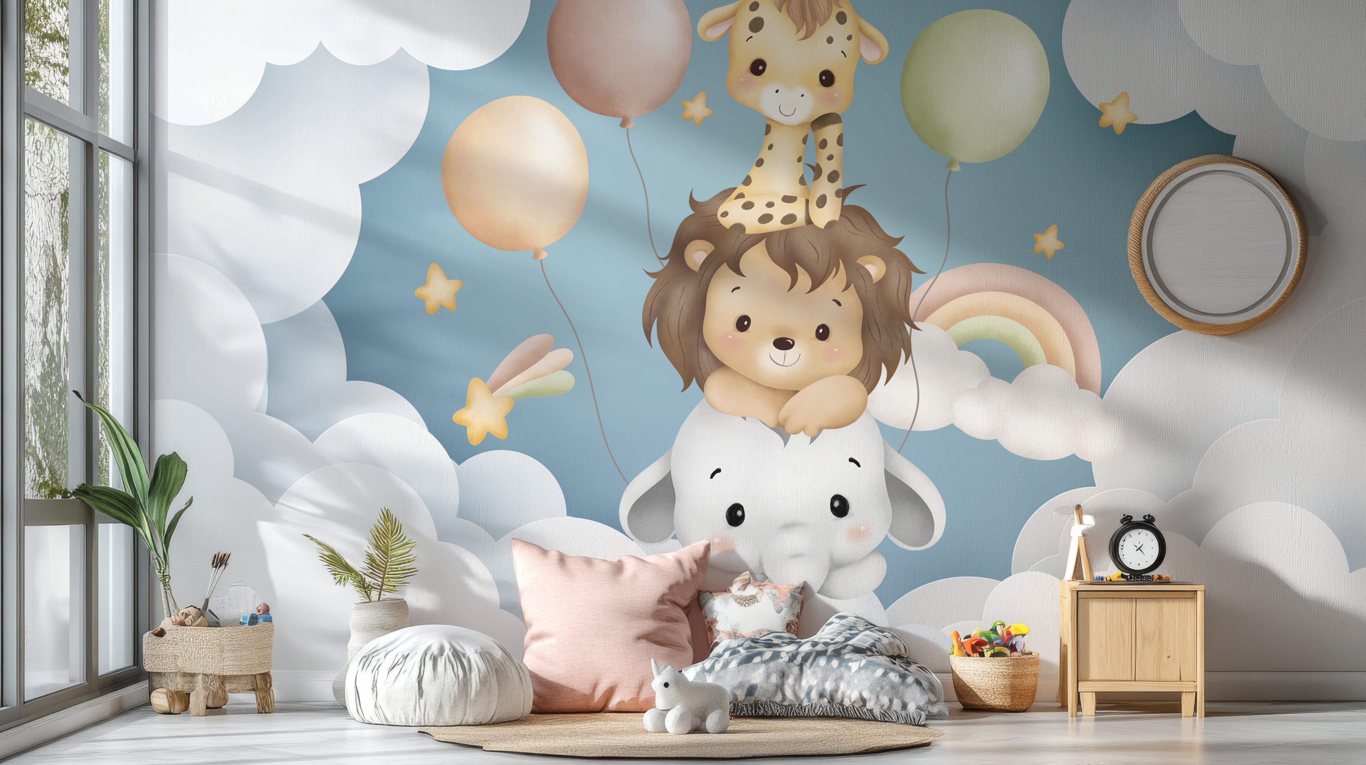 Vibrant baby animal balloon fiesta mural with cute creatures