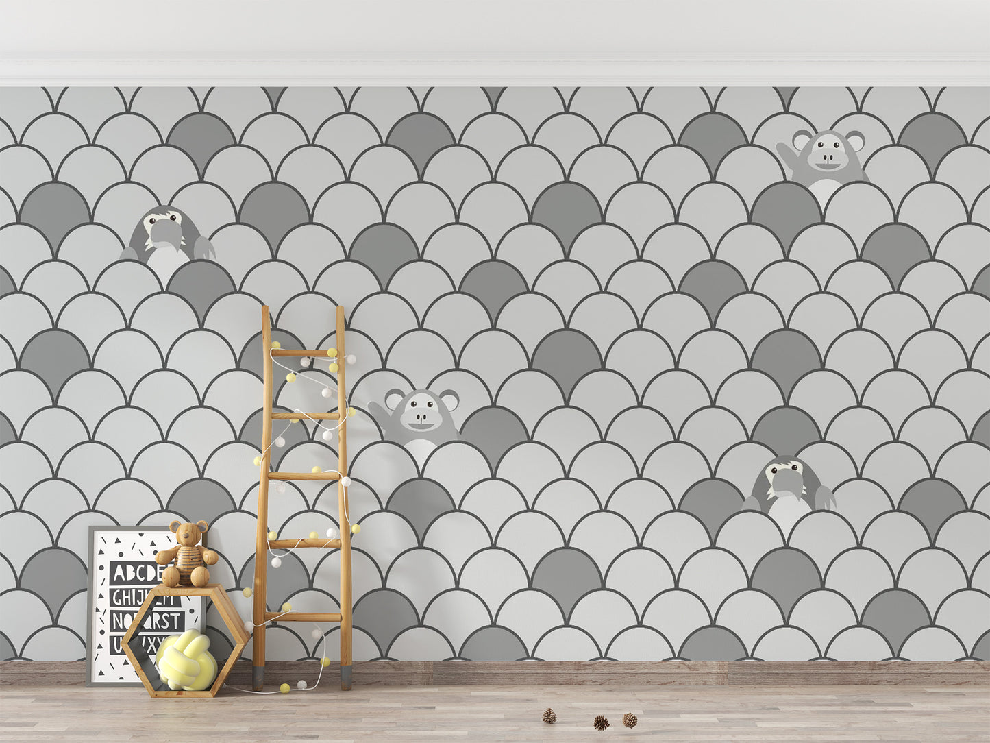 Grey Color Kids Animated Motifs Wallpaper Mural