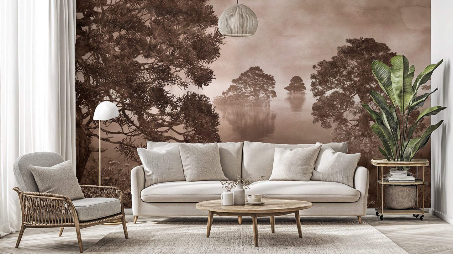 Watercolor Lake Monochrome Ink Sepia Wallpaper Murals