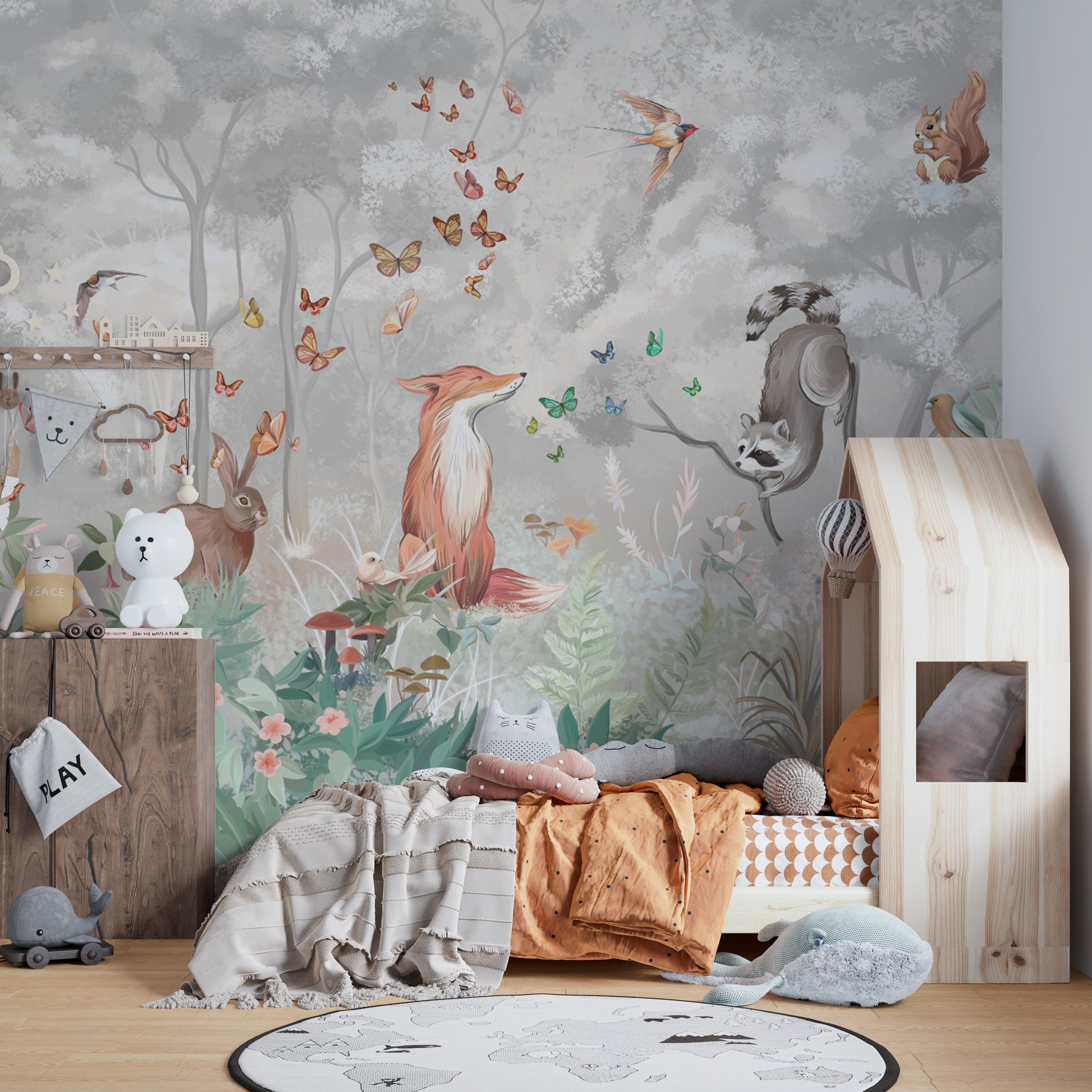 Pastel Woodland Animal Forest Scene Wallpaper with Fox
