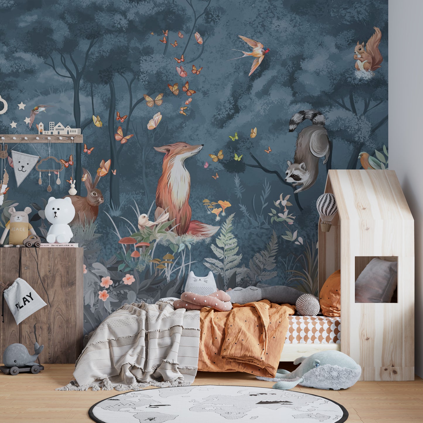 Woodland animal scene wallpaper for rustic home decor.
