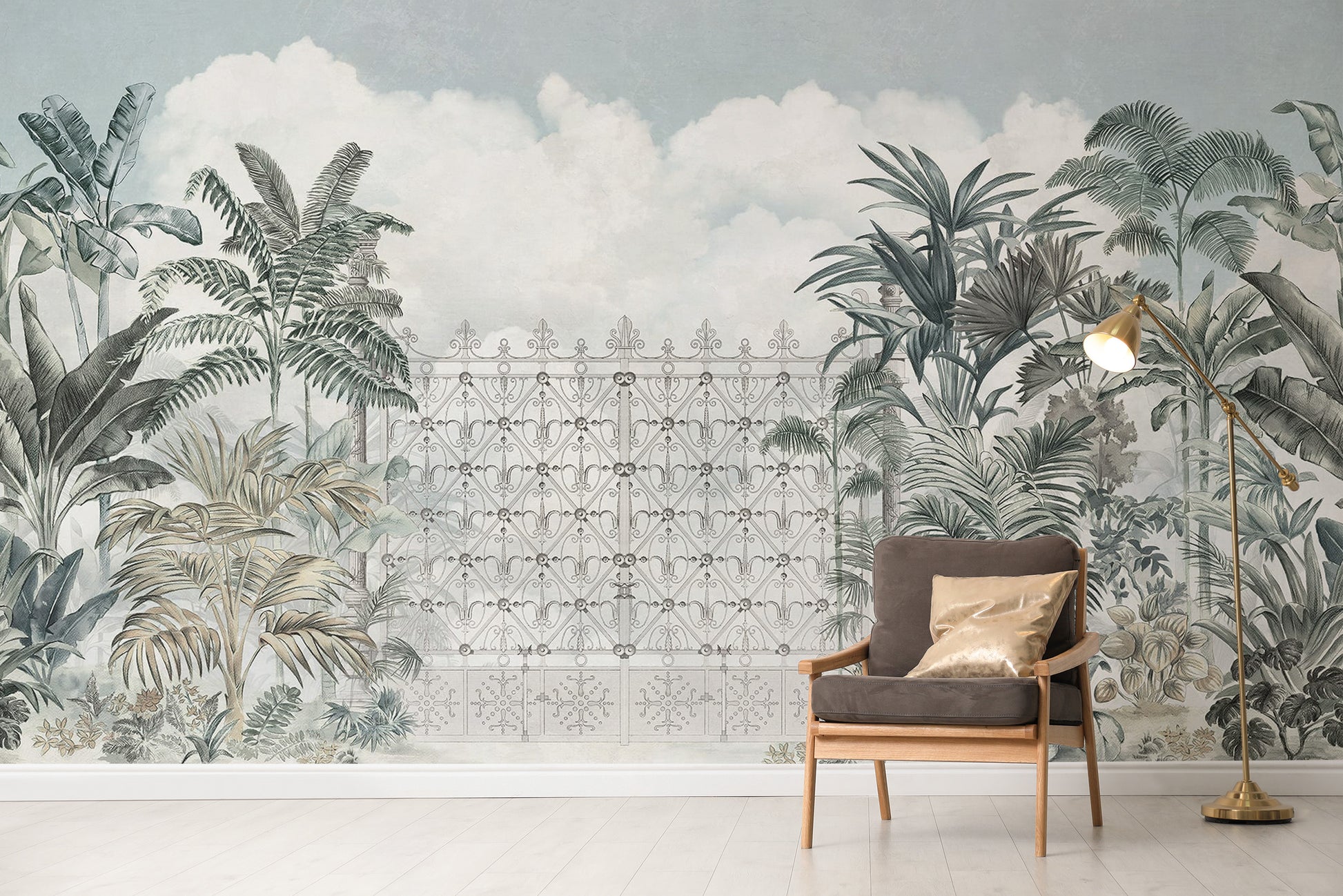 Tropical entrance with lush plants wallpaper
