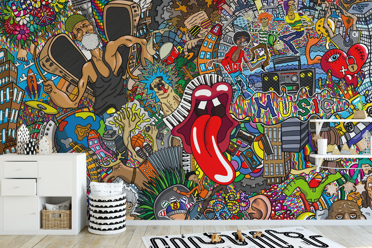 Bold graffiti-inspired electric music  wallpaper for decor.