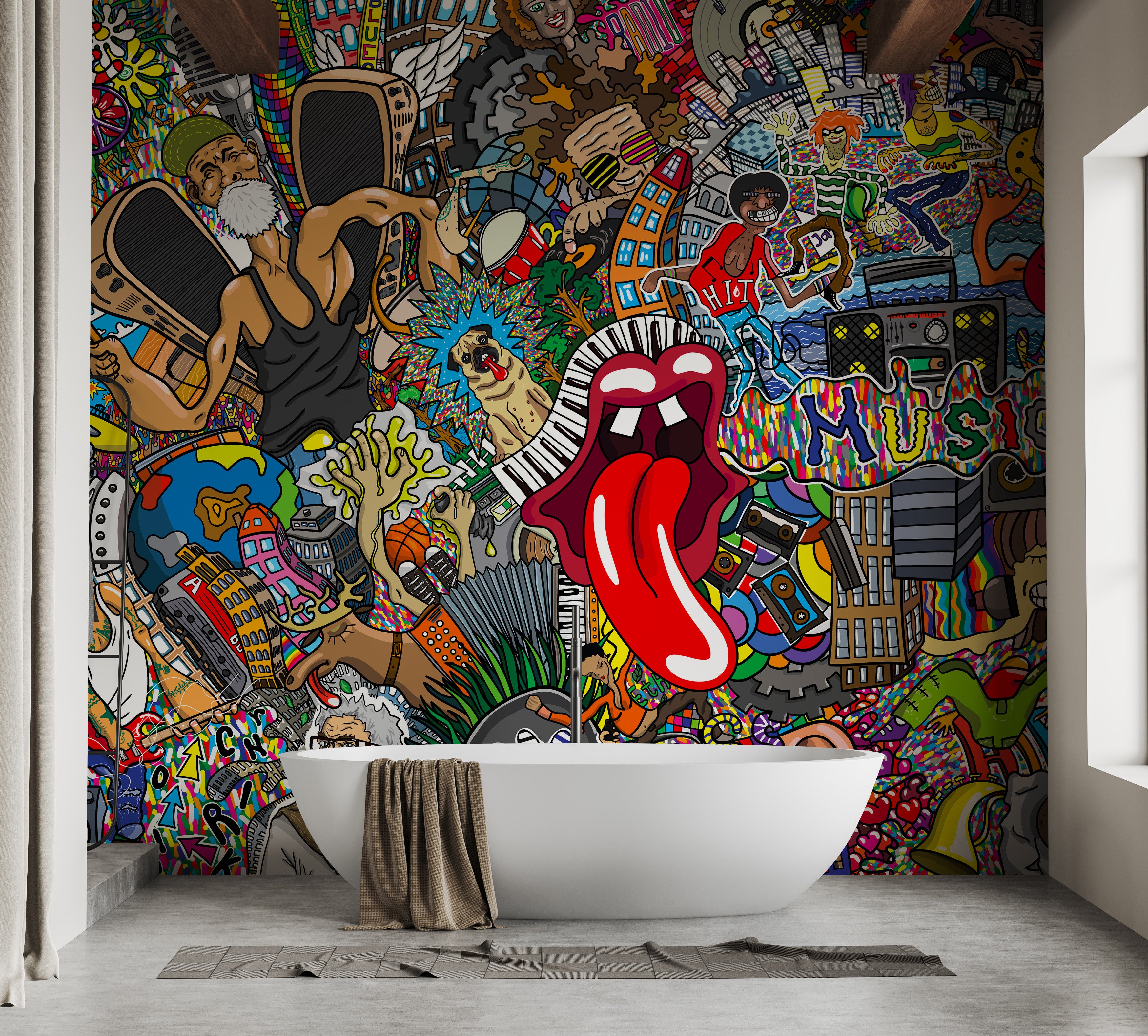 Dynamic music collage graffiti wall mural wallpaper for modern spaces.