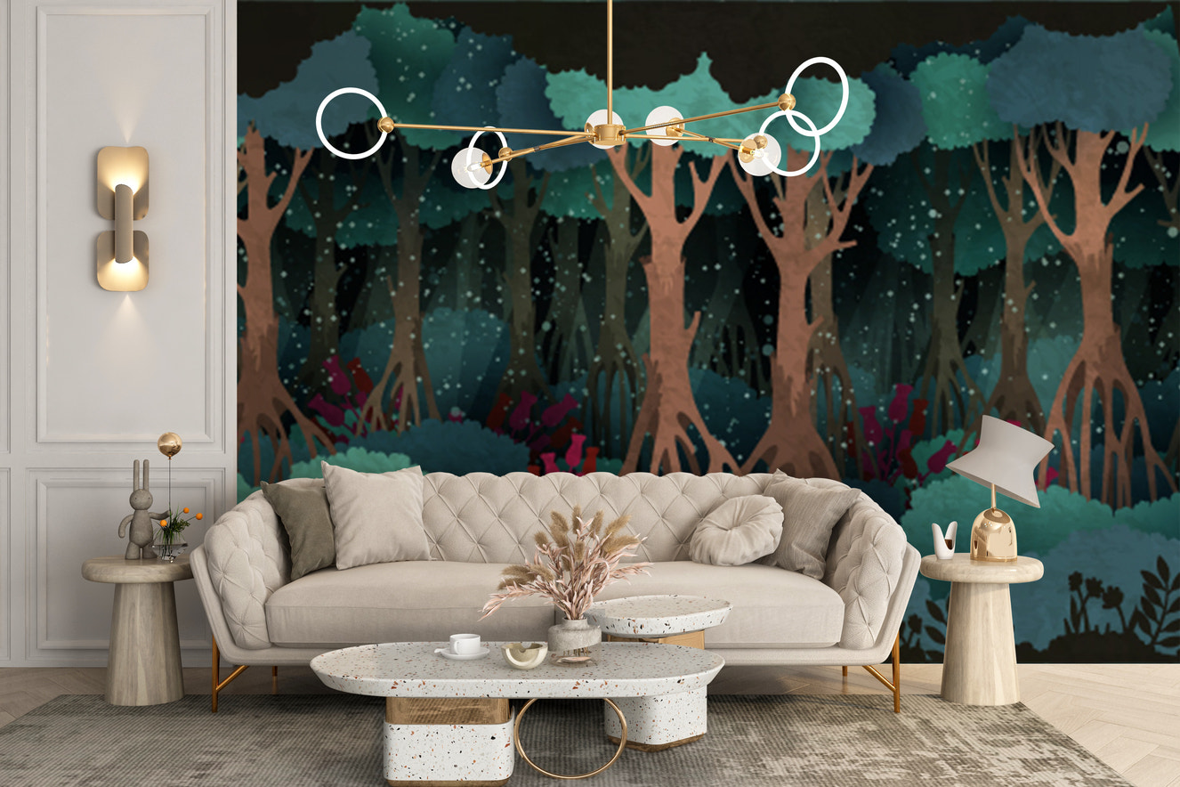 Enchanted green forest watercolor mural