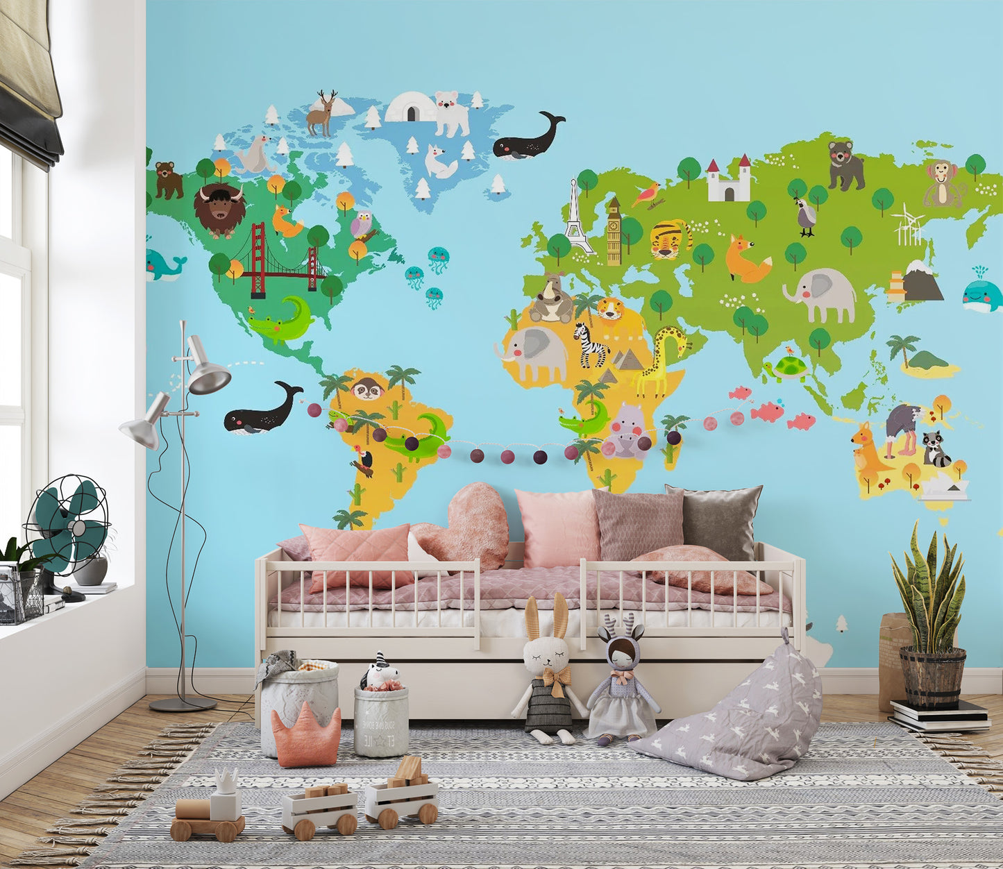 Kids World Map Animal Wallpaper Mural - Giffywalls