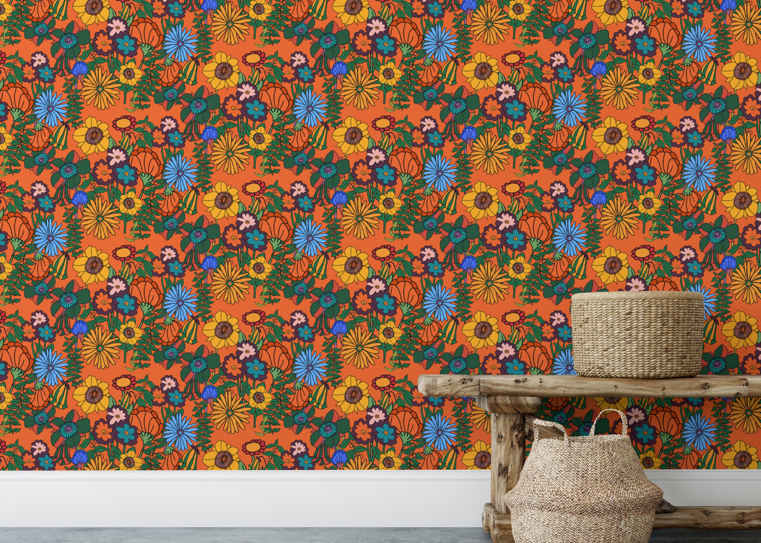 Add charm with Retro 60s Floral Orange Wallpaper