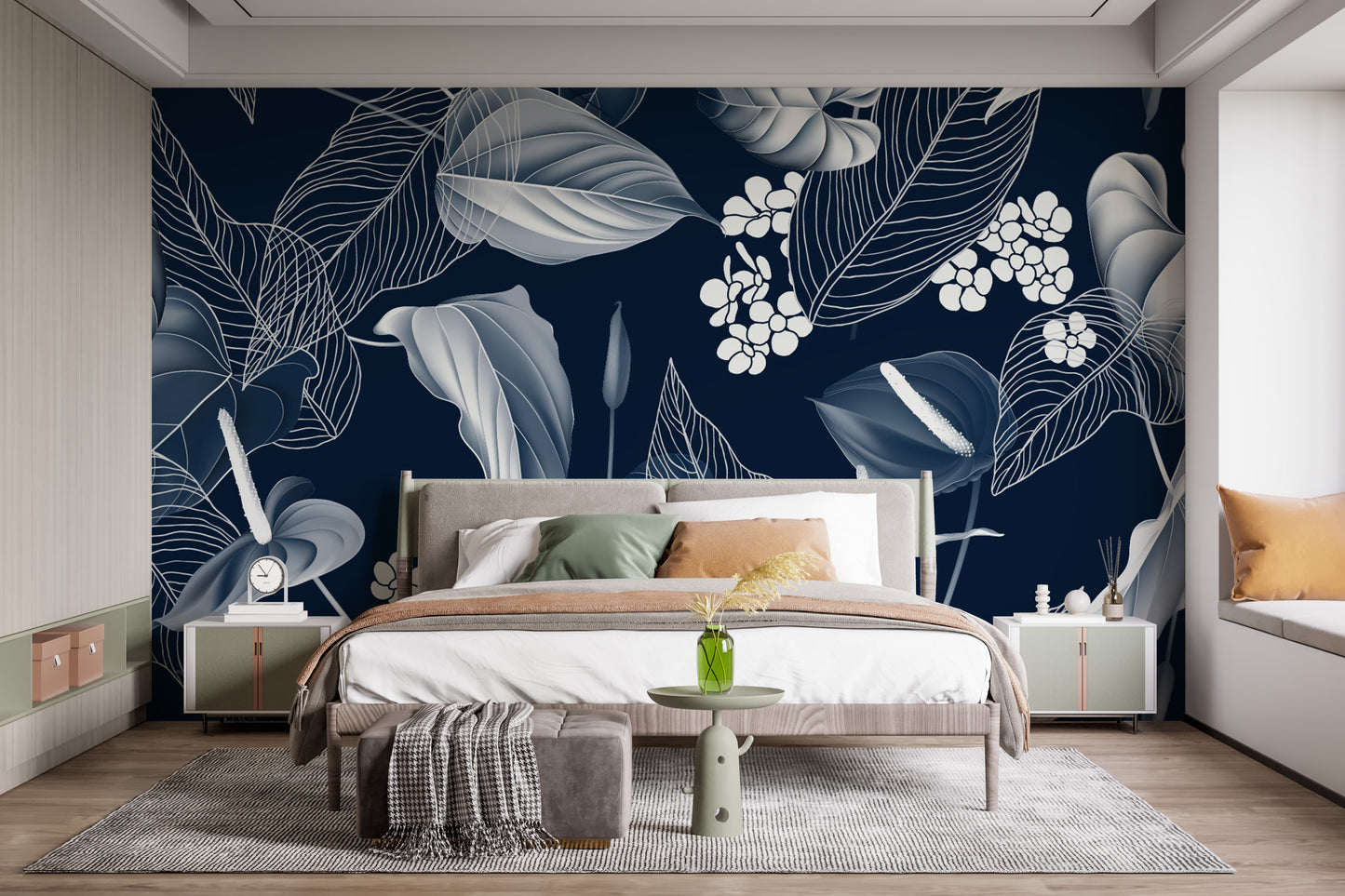 Anthurium and leaves dark blue wallpaper
