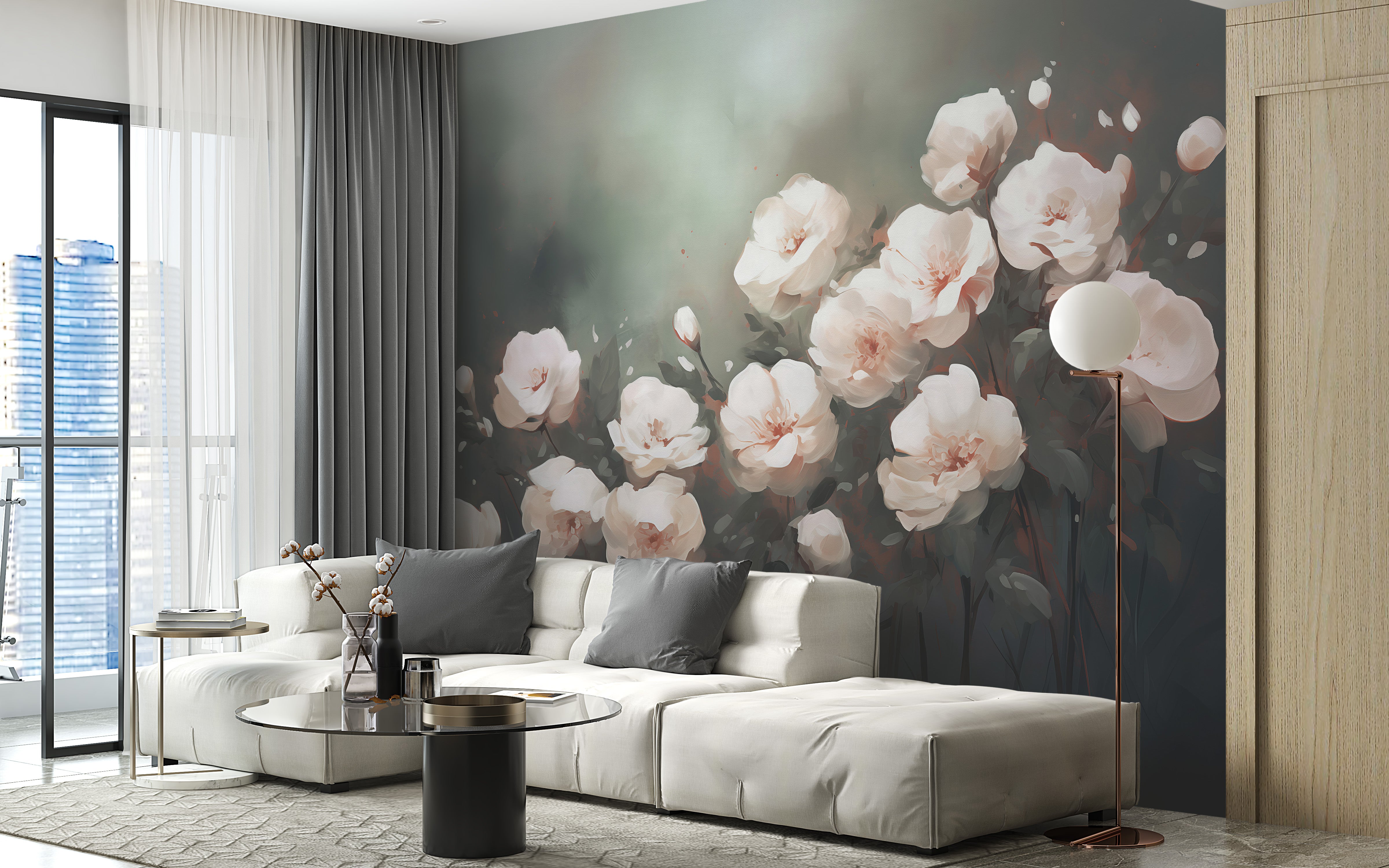 Beautiful floating white roses mural wallpaper for a romantic home upgrade.