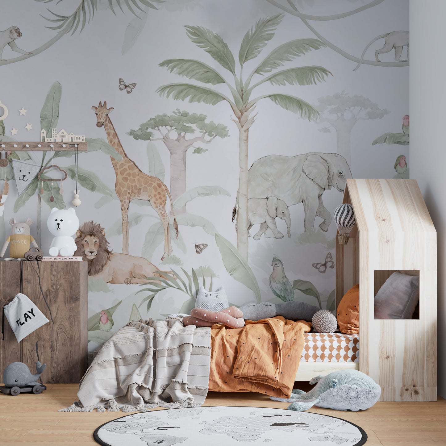 Hand-painted jungle safari mural with exotic wildlife animals
