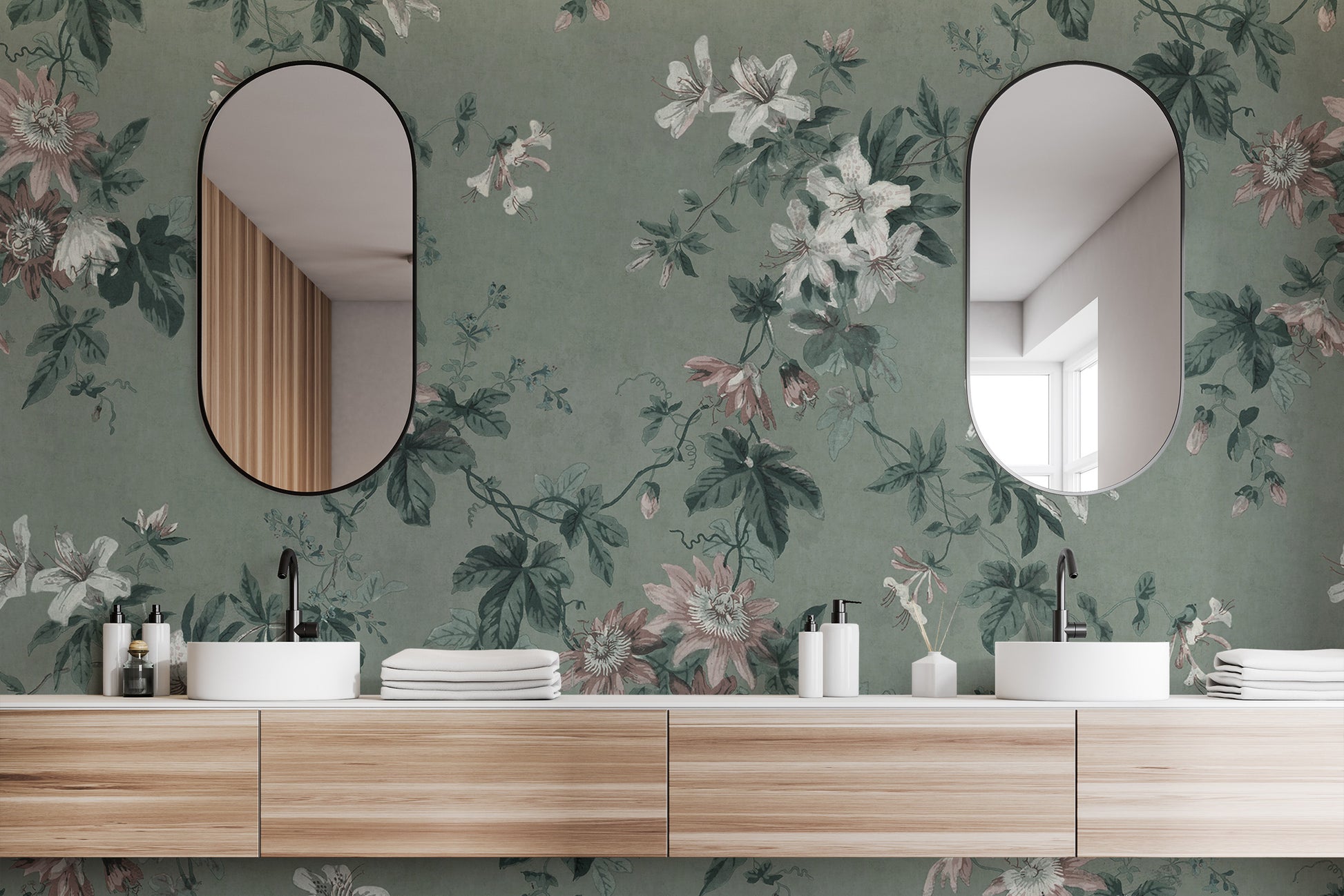 Classic chinoiserie green wall mural decor