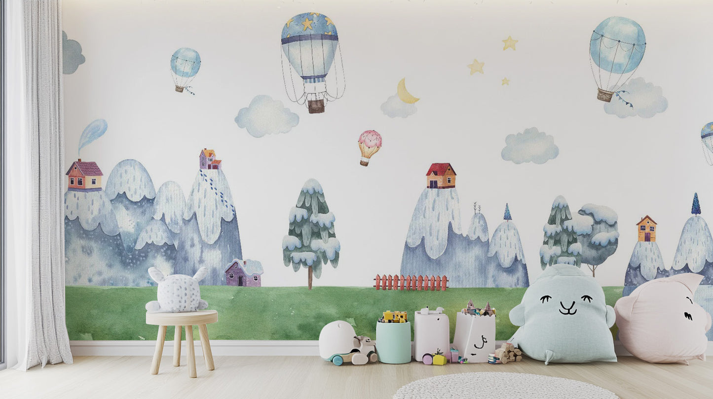 Nursery wallpaper featuring colorful hot air balloons
