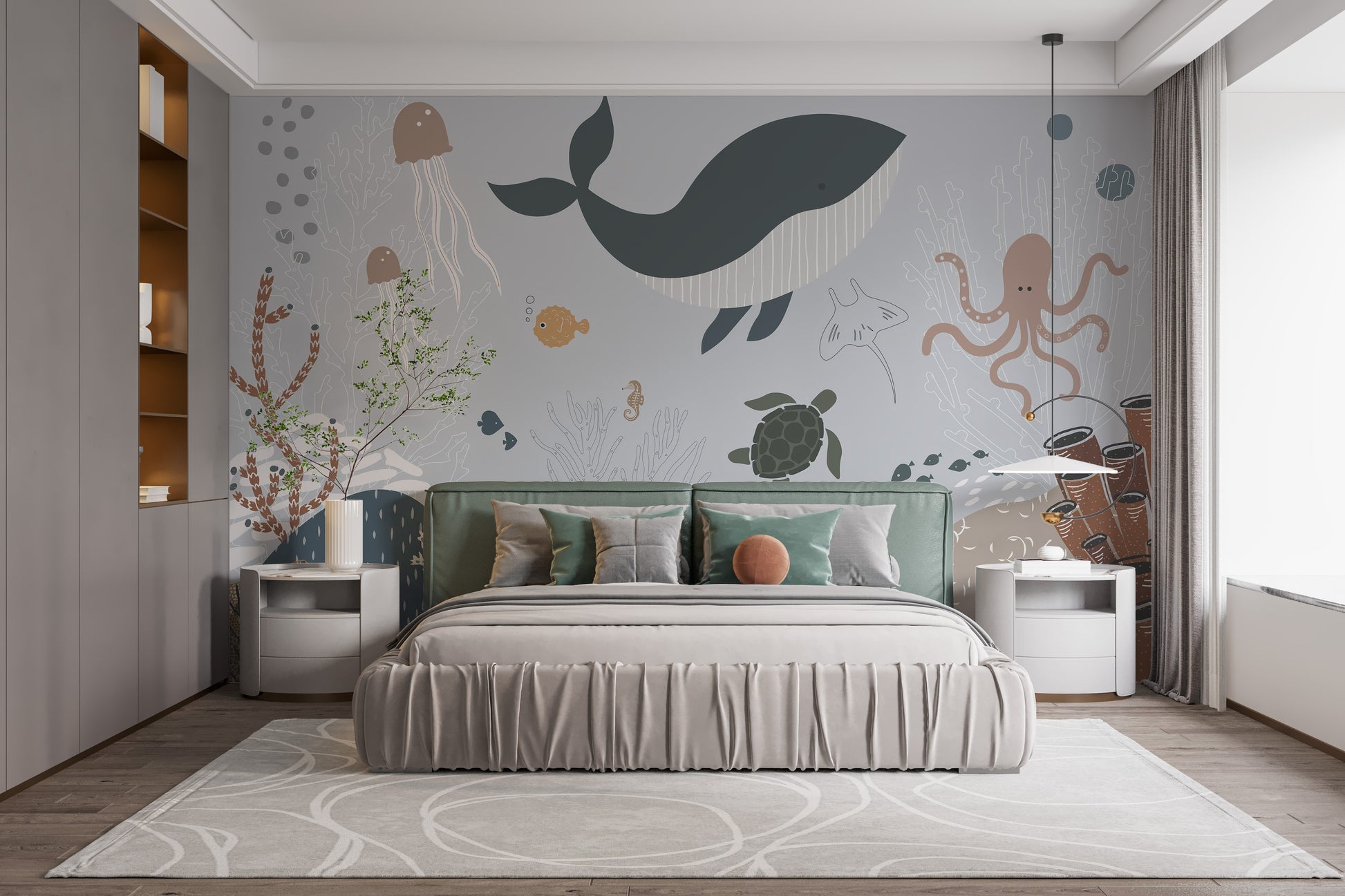 Gentle whale tones wallpaper mural design
