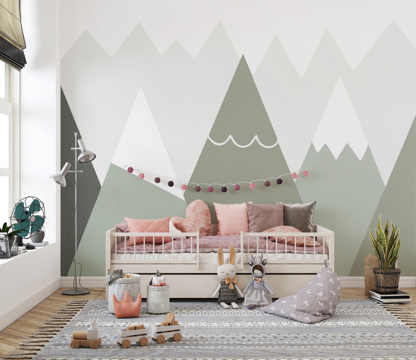 Soft tones mountain wallpaper for kids room