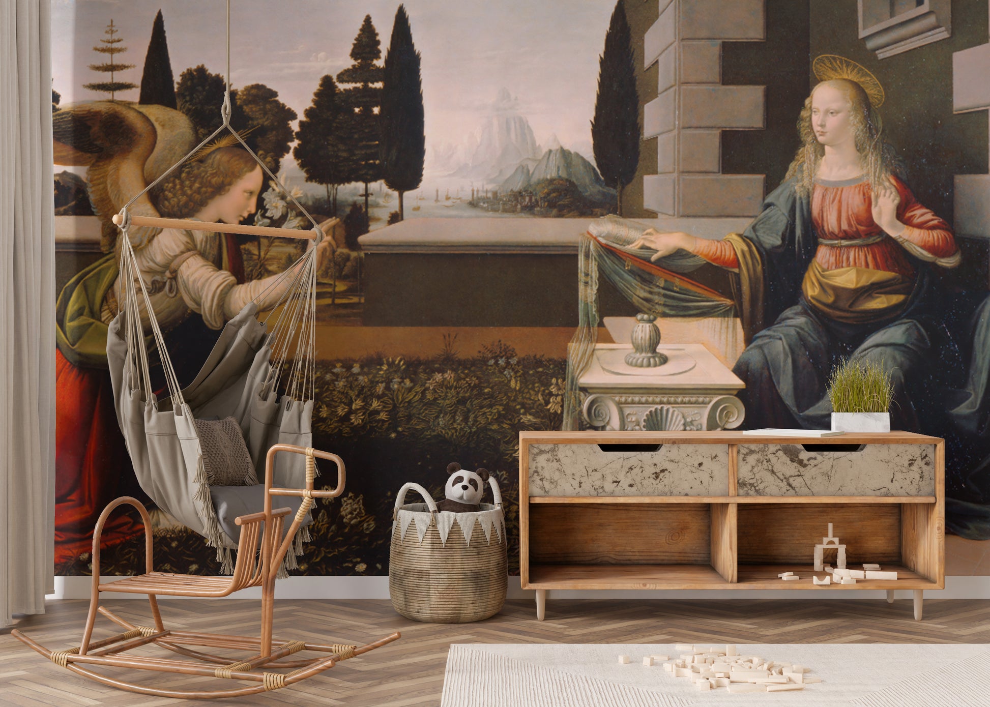 Elegant Divine Annunciation mural with classical artistry.
