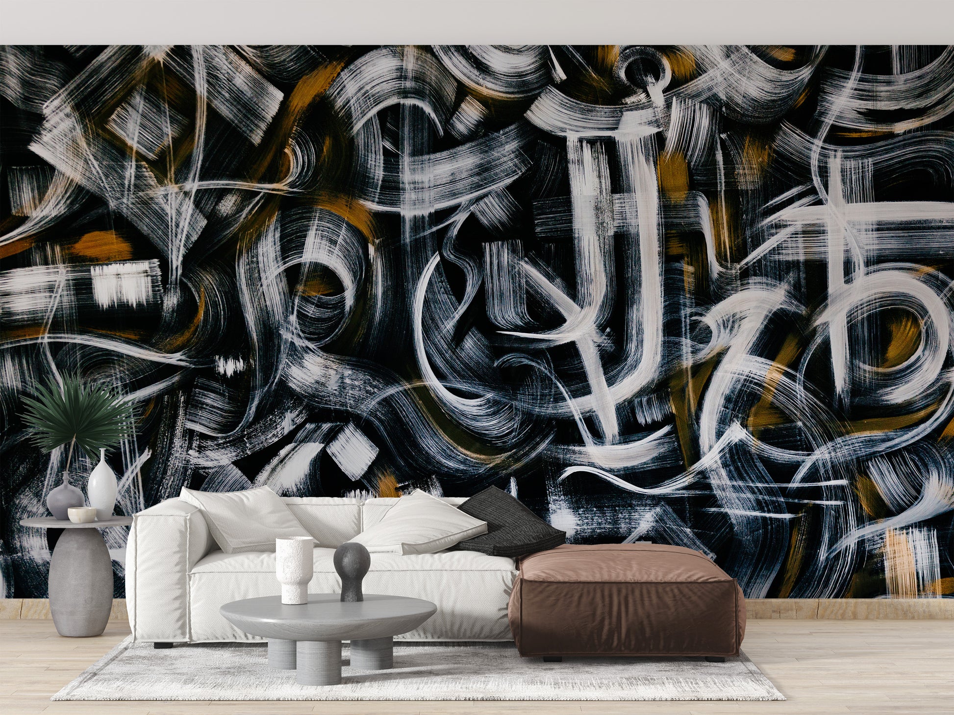 Black and white brushstroke wallpaper with graffiti art