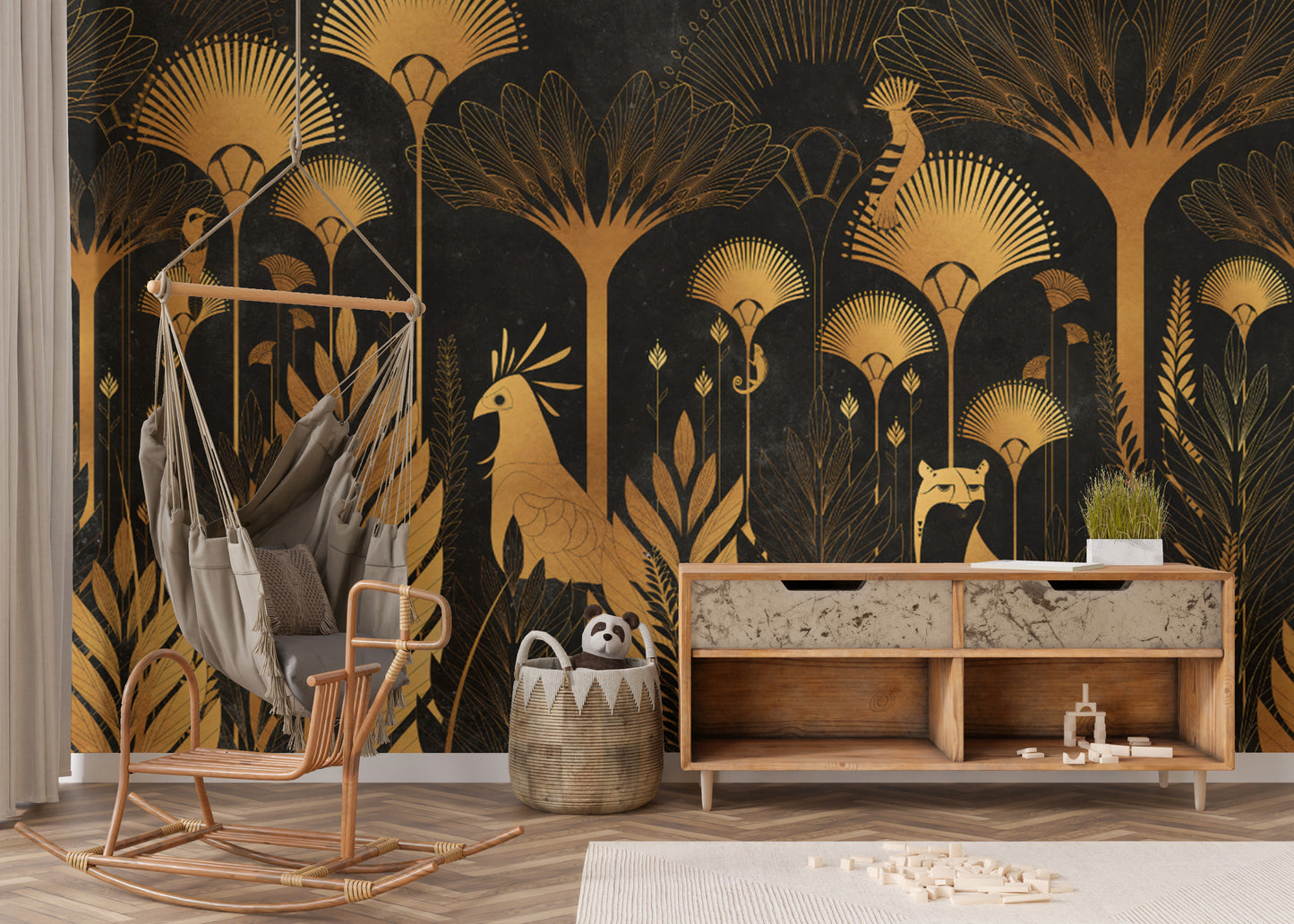 Luxurious Art Deco Jungle Wallpaper with Golden Palm Leaves
